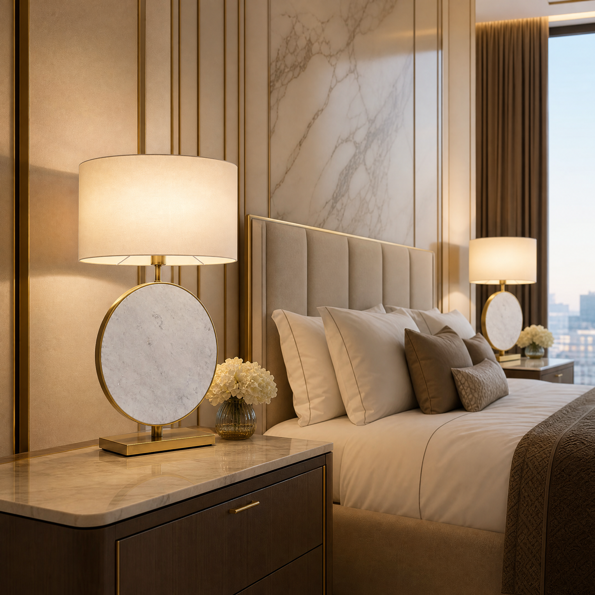 Elegant hospitality lounge featuring the Valdessa table lamp with its circular white marble disc and antique brass frame.