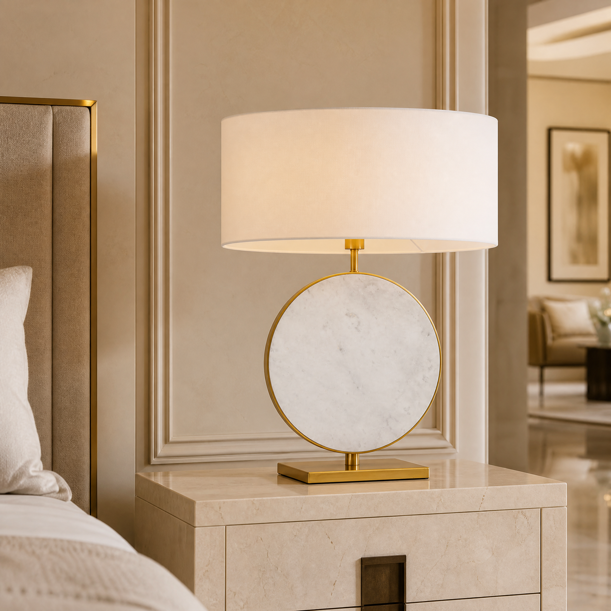 VORELLI Valdessa white marble table lamp on a living room side table, casting a warm ambient glow through its opal glass shade.