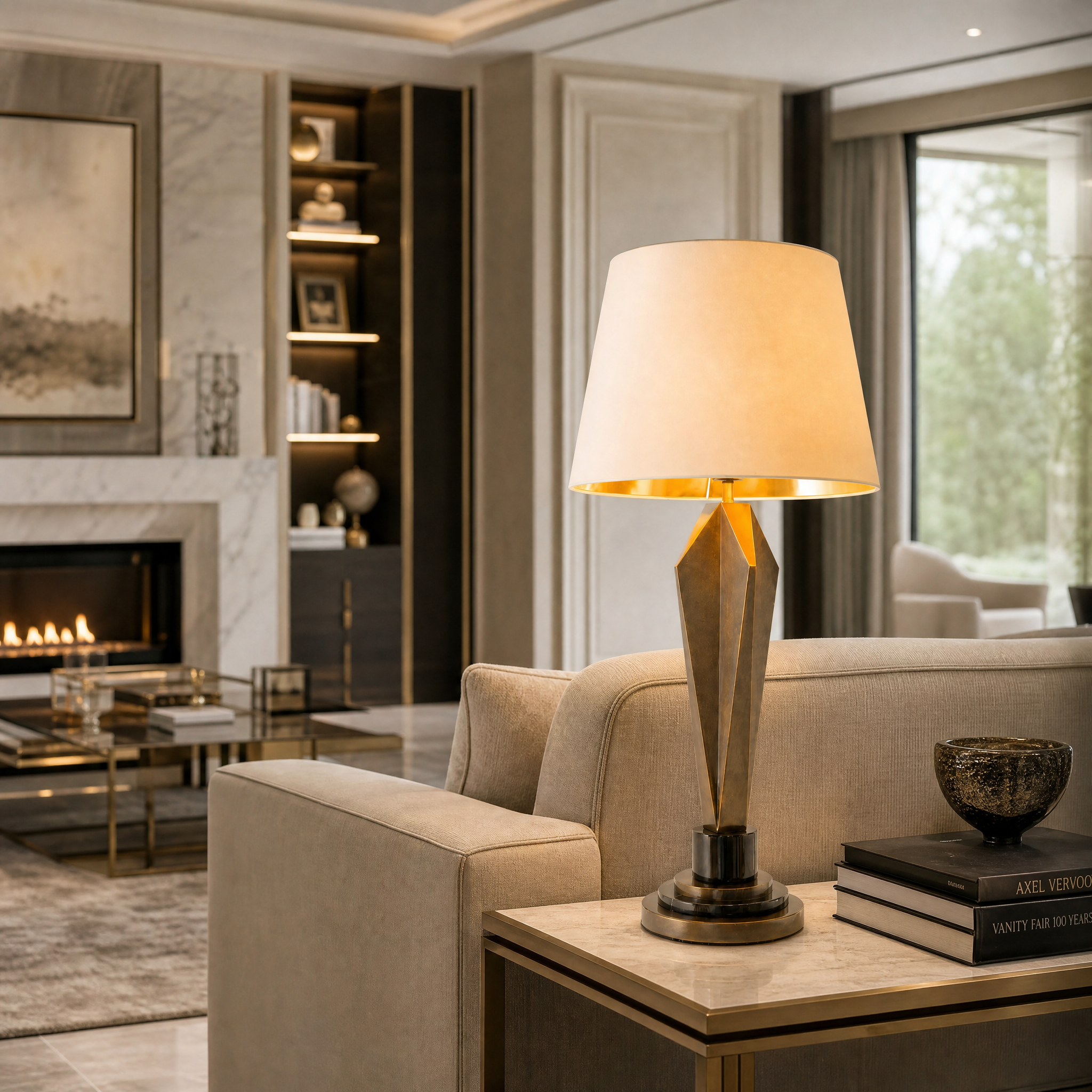 Modern living room featuring the Valdorin brass table lamp with black marble base on a side table.
