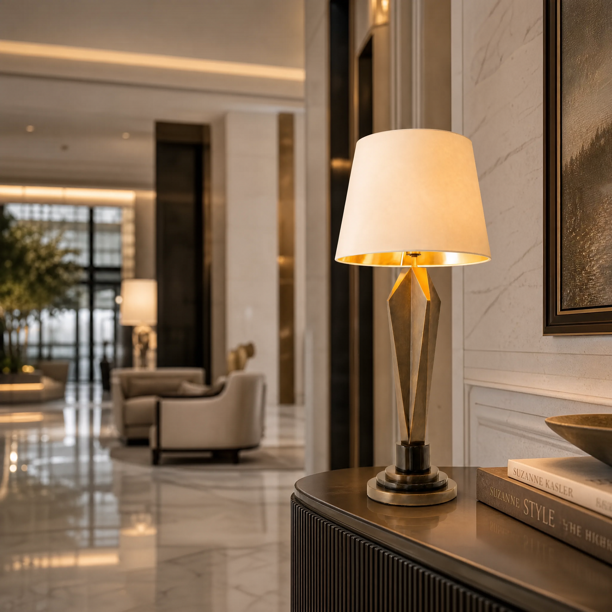 Valdorin brass and marble table lamp styling a bedside table in an upscale hotel interior.