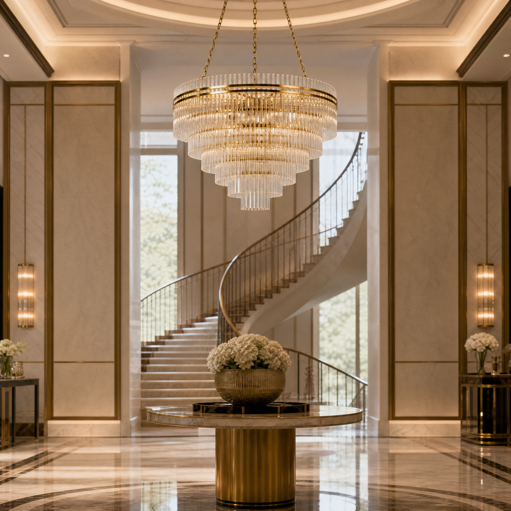 Large tiered Valdoro glass chandelier enhancing a sophisticated hotel lobby interior design.