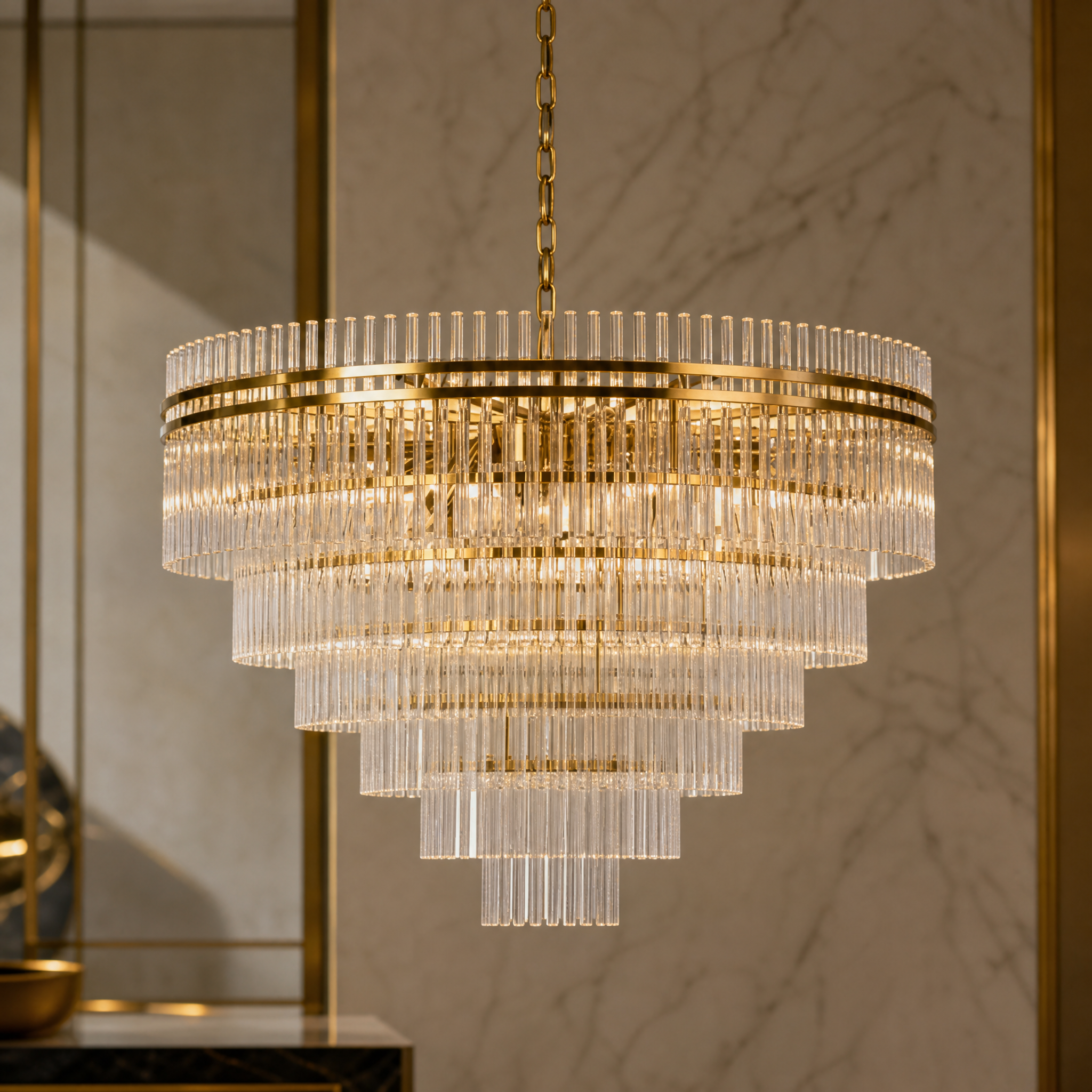 Close-up macro detail of the VORELLI Valdoro chandelier showing the premium sleek satin brass metalwork and clear glass rods.