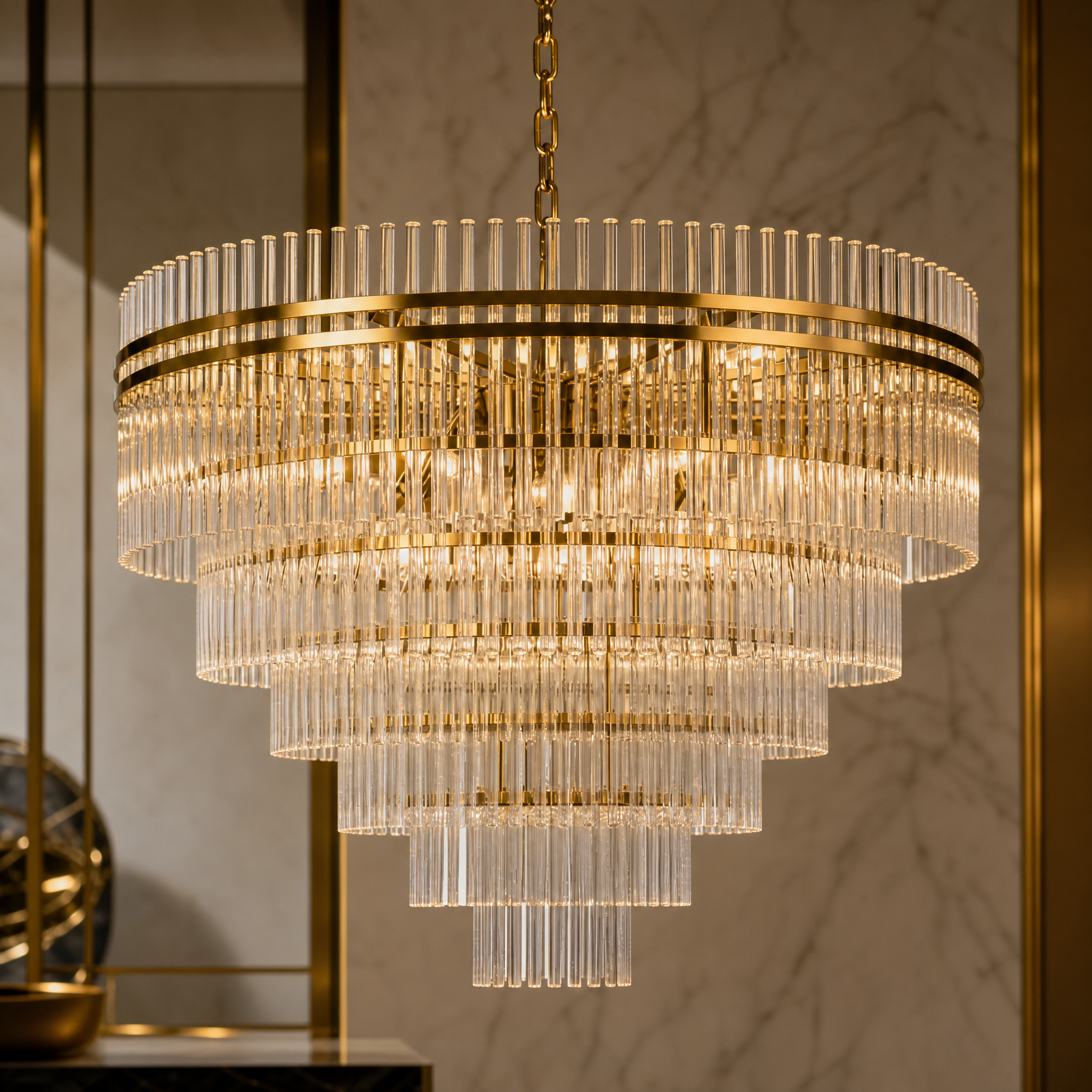 Close up view of the Valdoro chandelier featuring satin brass metalwork and layered clear glass rods.