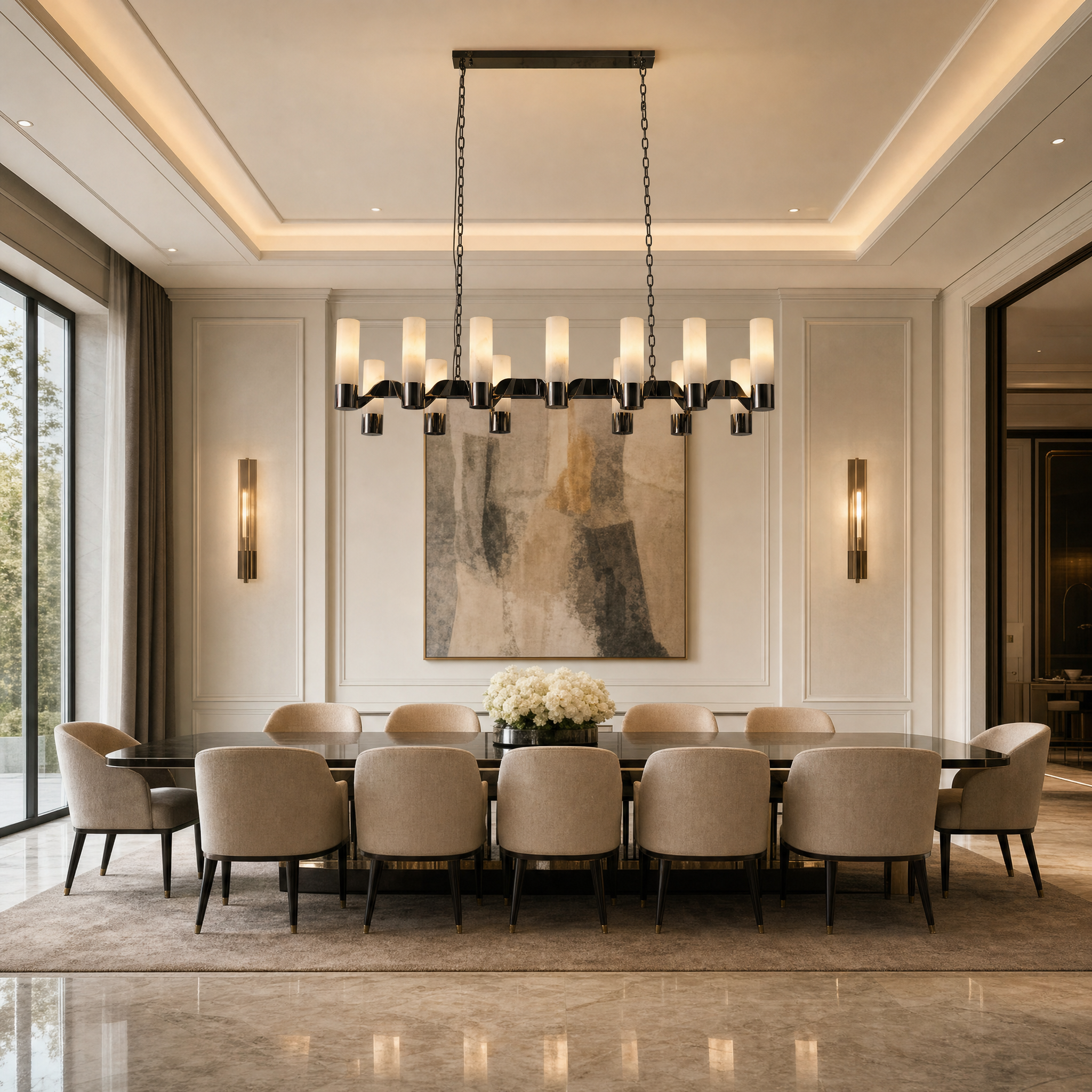 VORELLI Valenza Marble Rectangular Chandelier hanging elegantly above a luxury residential dining table, casting a warm ambient glow.