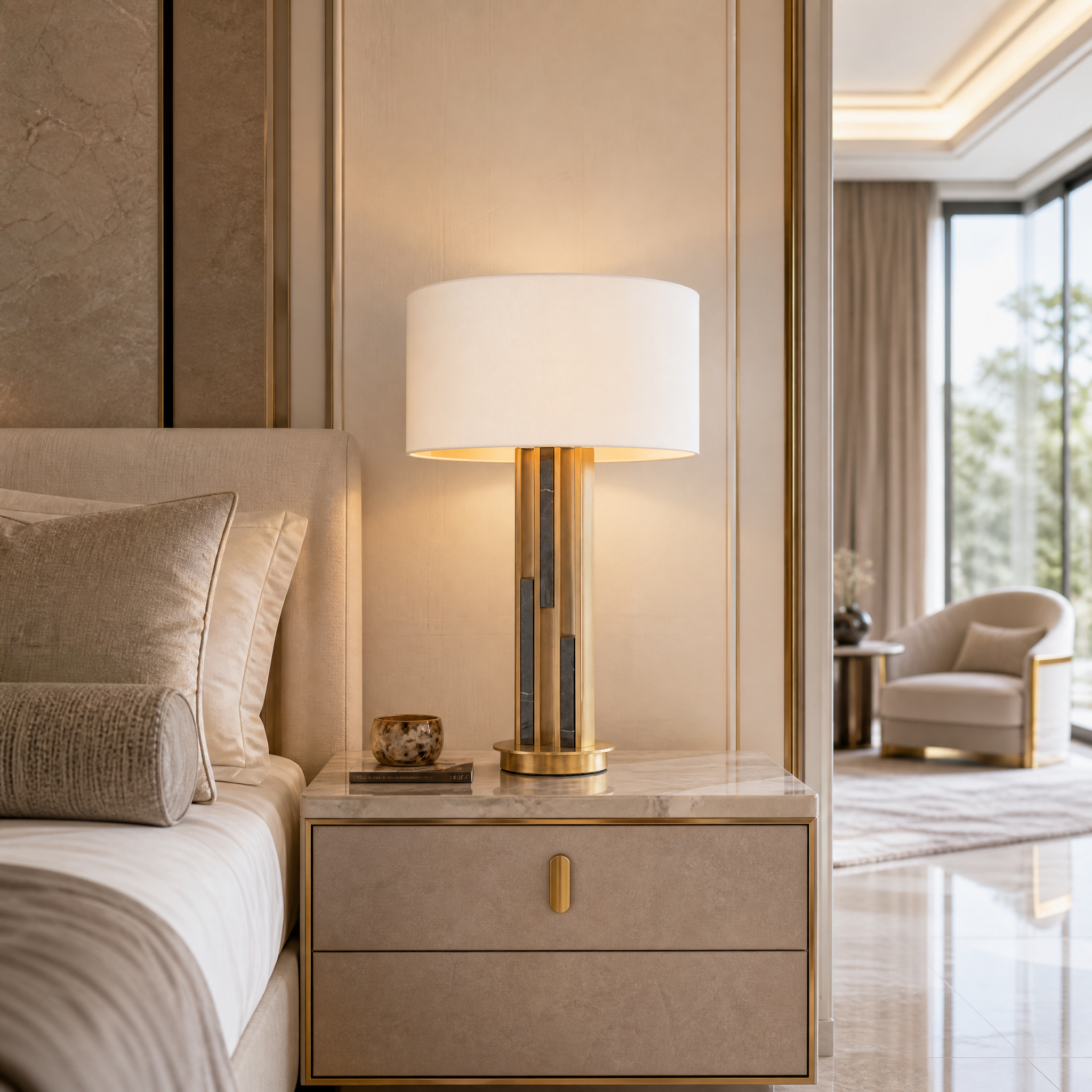 Valenzo brass and marble table lamp placed on a luxury side table in a modern living room