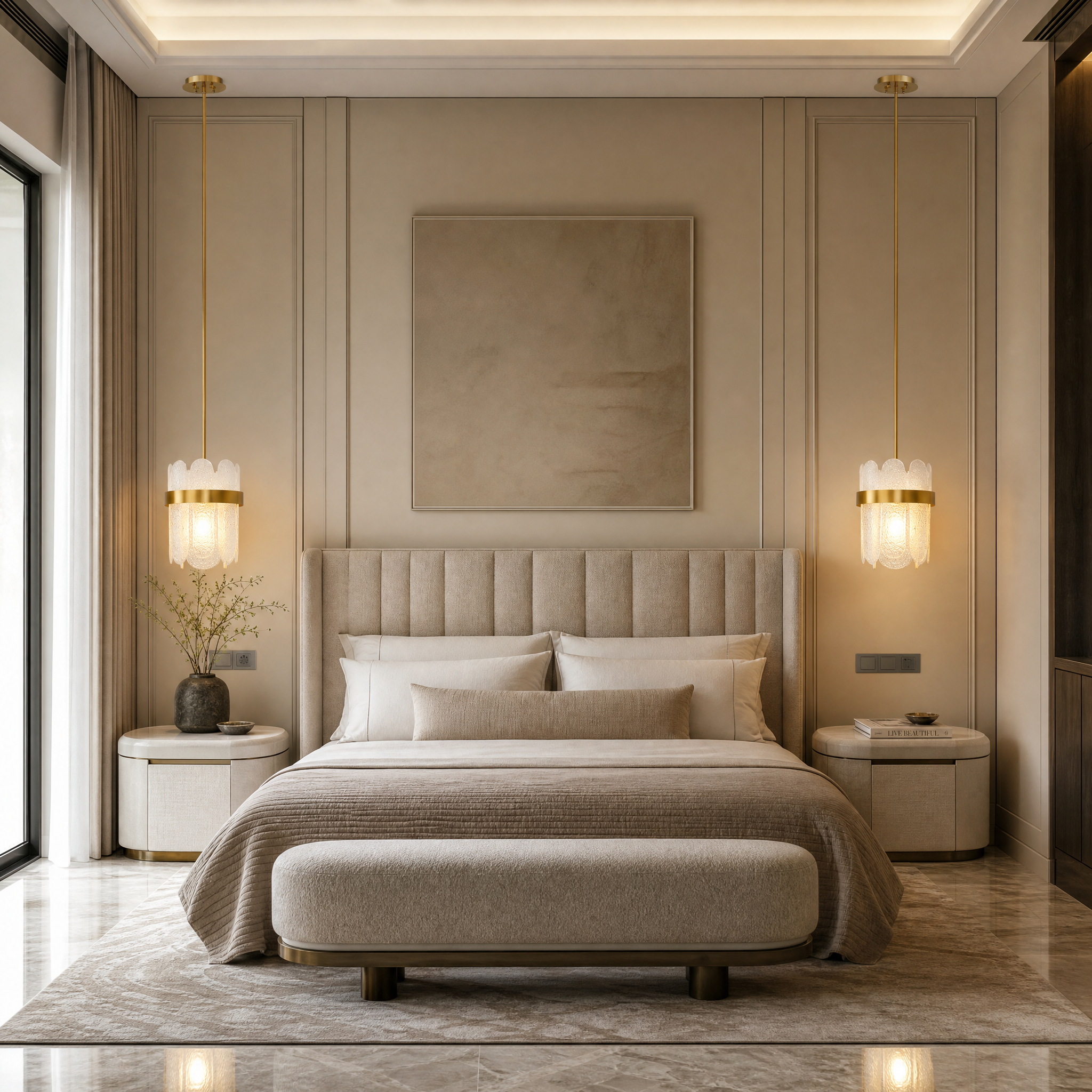 The Valparaíso luxury pendant light by Vorelli, featuring a signature number 8 brushed copper frame and modern oblong glass, illuminating a sophisticated residential living room design.