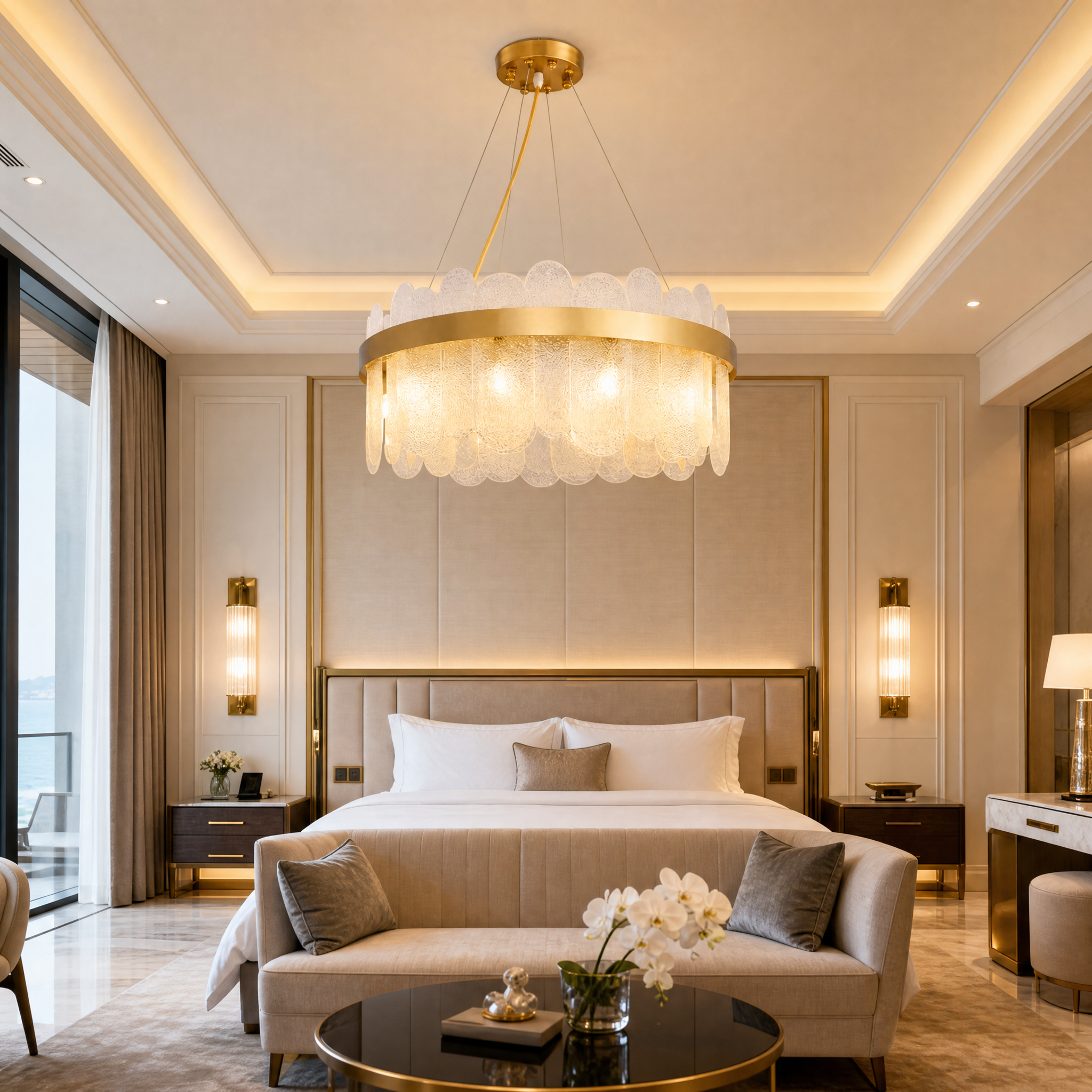A modern VORELLI Valparaíso circular chandelier with a sleek brushed copper finish hanging as a statement piece in a luxury hotel hospitality lounge.