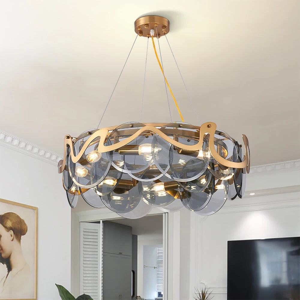 Valparaiso Cristóbal contemporary circular chandelier featuring layered sculptural glass discs and refined brass frame