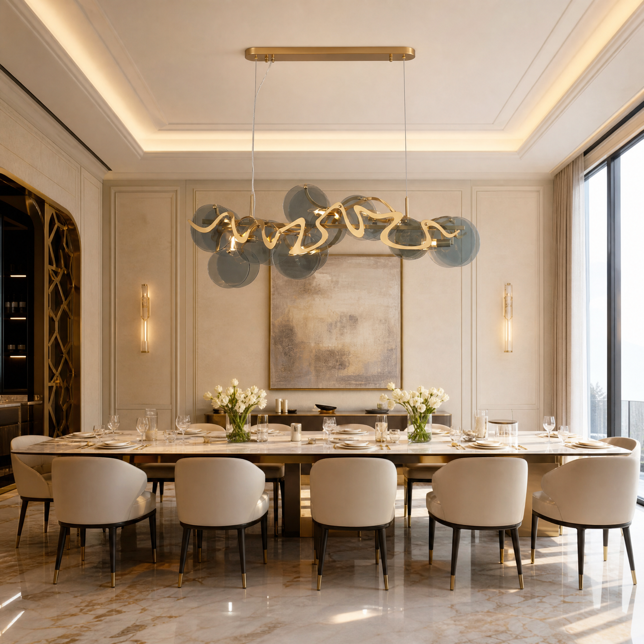 VORELLI Valparaíso Cristóbal rectangular chandelier with smoky crystal plates and undulating metallic accents illuminating a luxury residential dining room.