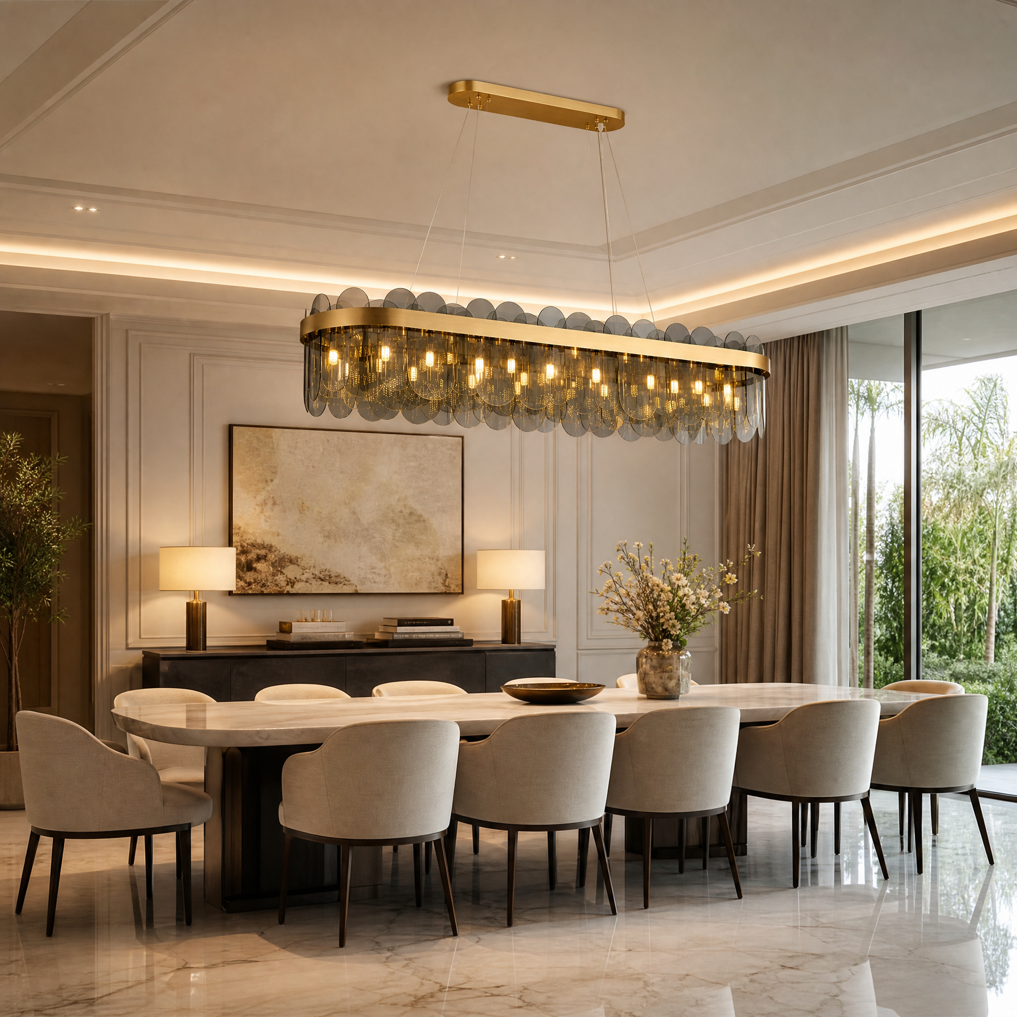 VORELLI Valparaíso rectangular chandelier with brushed copper oval frame and oblong glass tubes illuminating a luxury residential dining room.