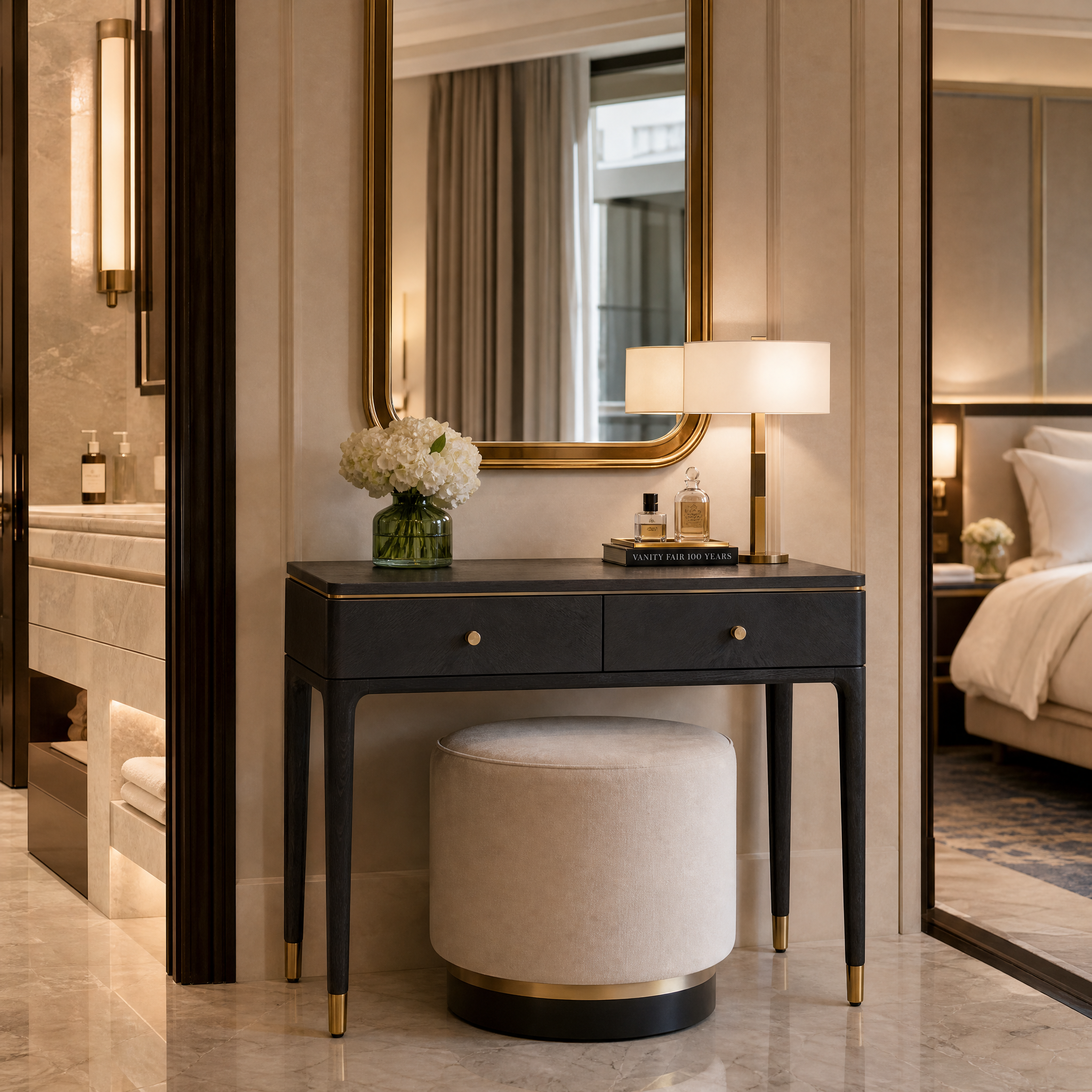The sophisticated Vancevo brass and grey dressing table elevating an upscale hospitality dressing space or boutique hotel suite.