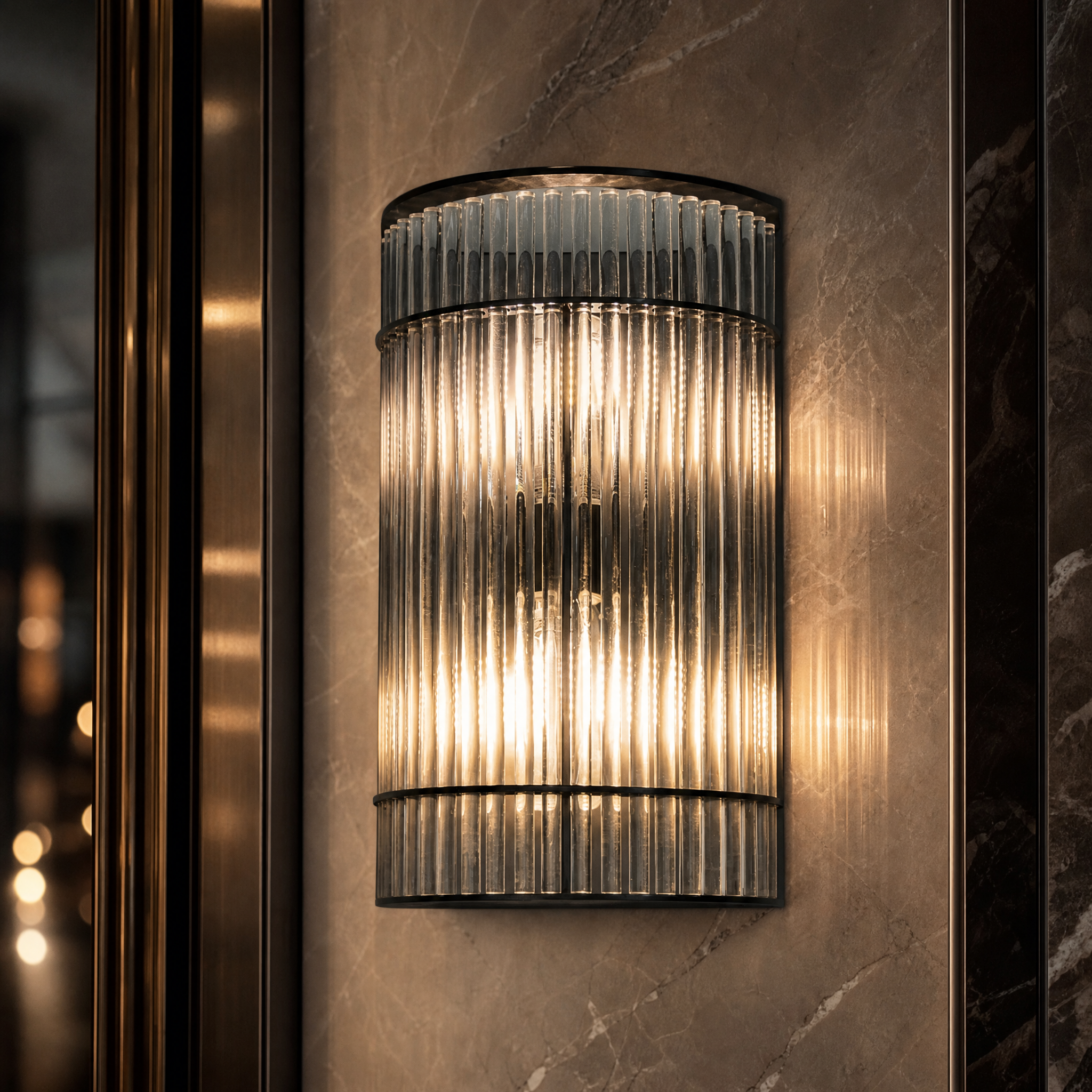 Close-up detail of the Vantore IP65 wall light showing the high-quality gunmetal frame and vertically ribbed glass texture.