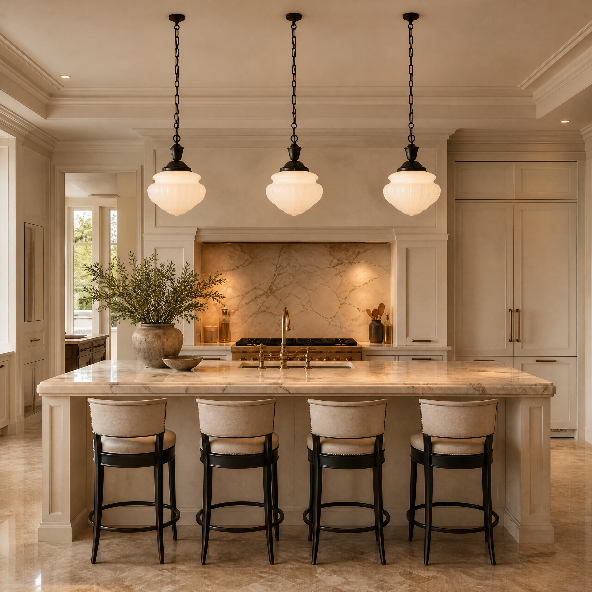 The VORELLI Farella Pendant Light casting a warm glow over a modern residential living room, showcasing its early 20th-century inspired opaline glass shade.