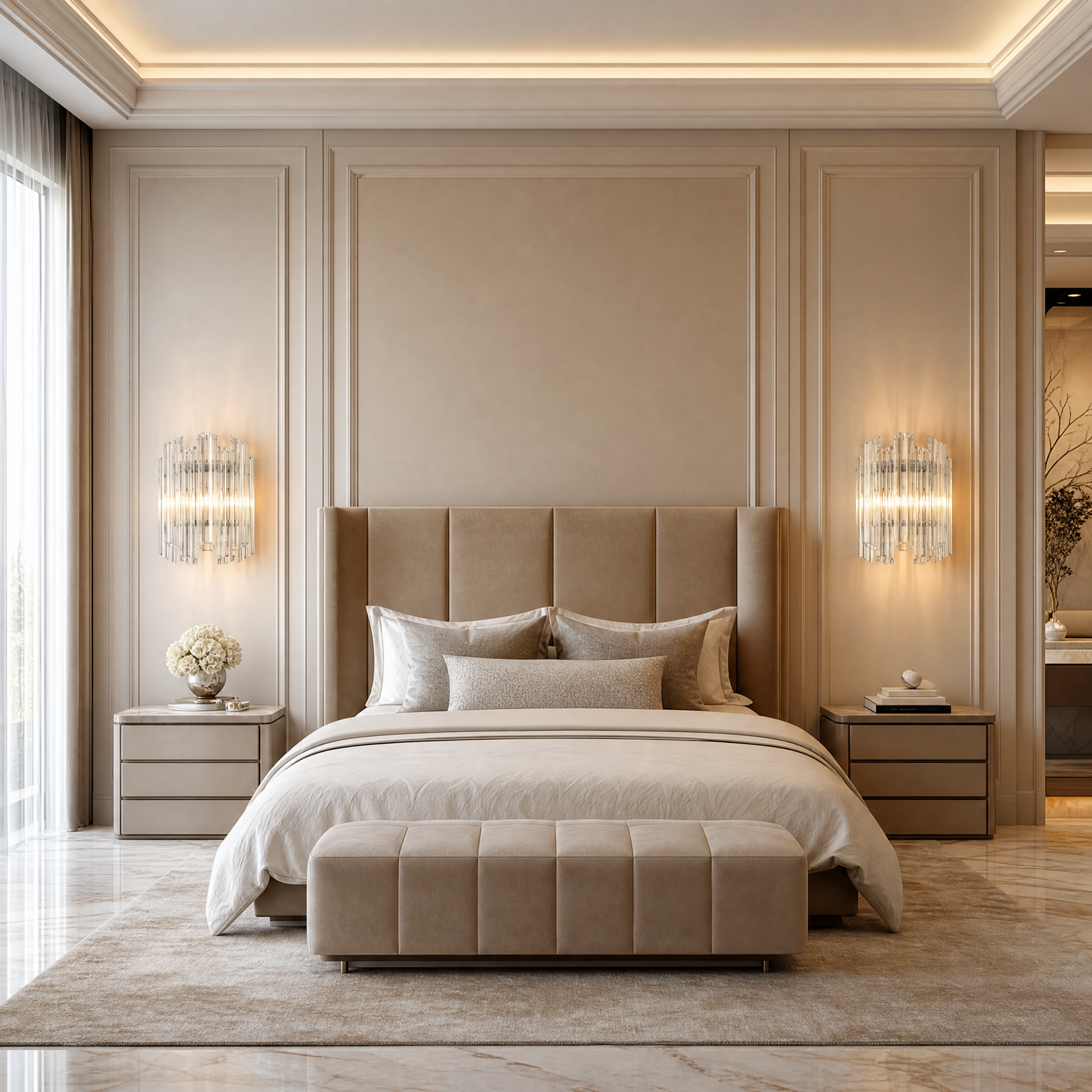 VORELLI Velaro polished nickel and clear glass wall light illuminating a luxury residential living room hallway with warm ambient light.