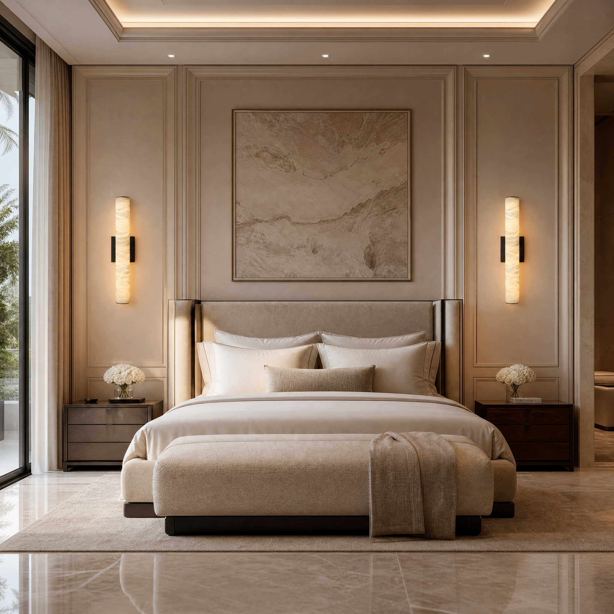VORELLI Velato marble wall light illuminating a luxury contemporary residential living room with a warm, sophisticated ambiance.