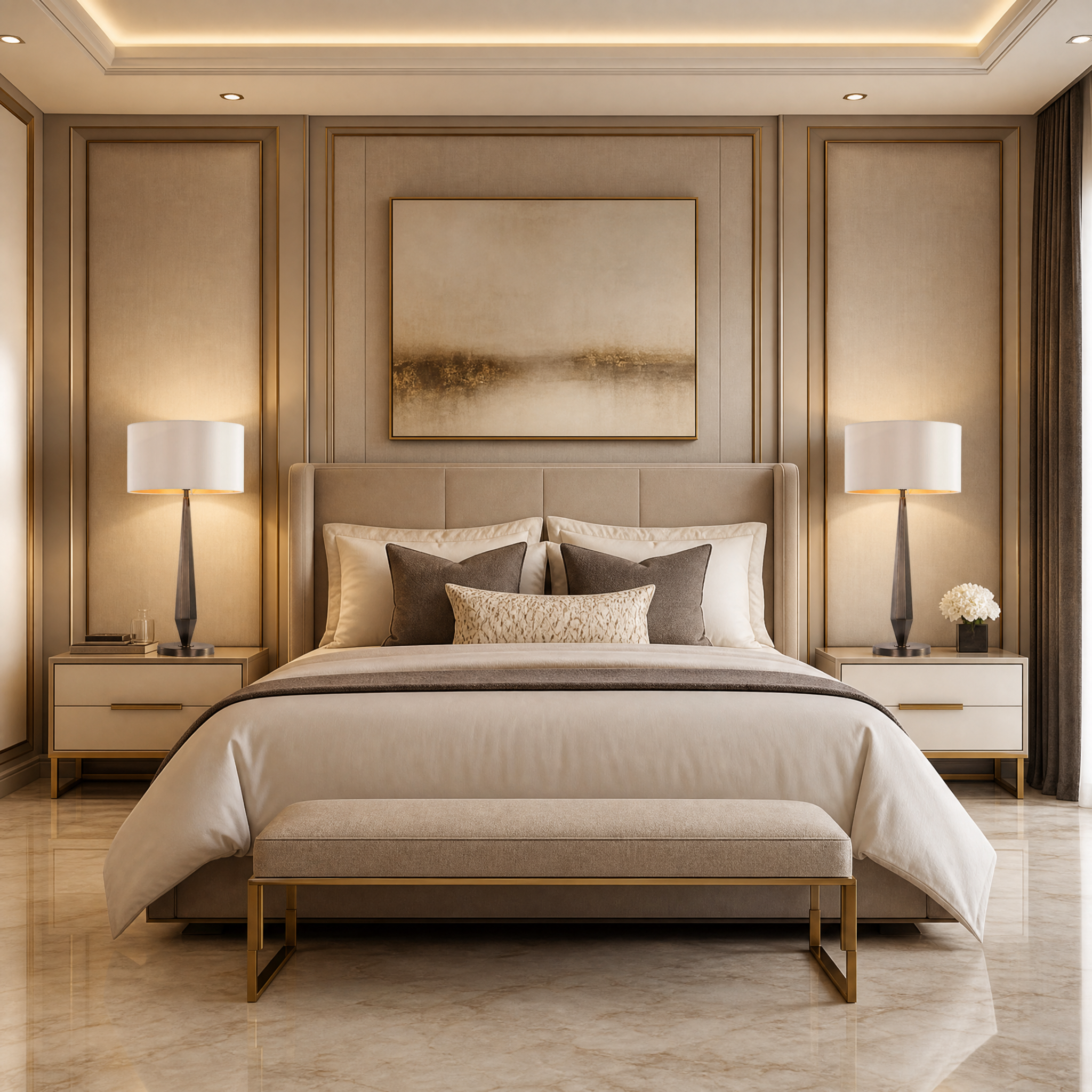A sophisticated Velmora brass table lamp displayed on a minimalist side table in a modern residential living room.