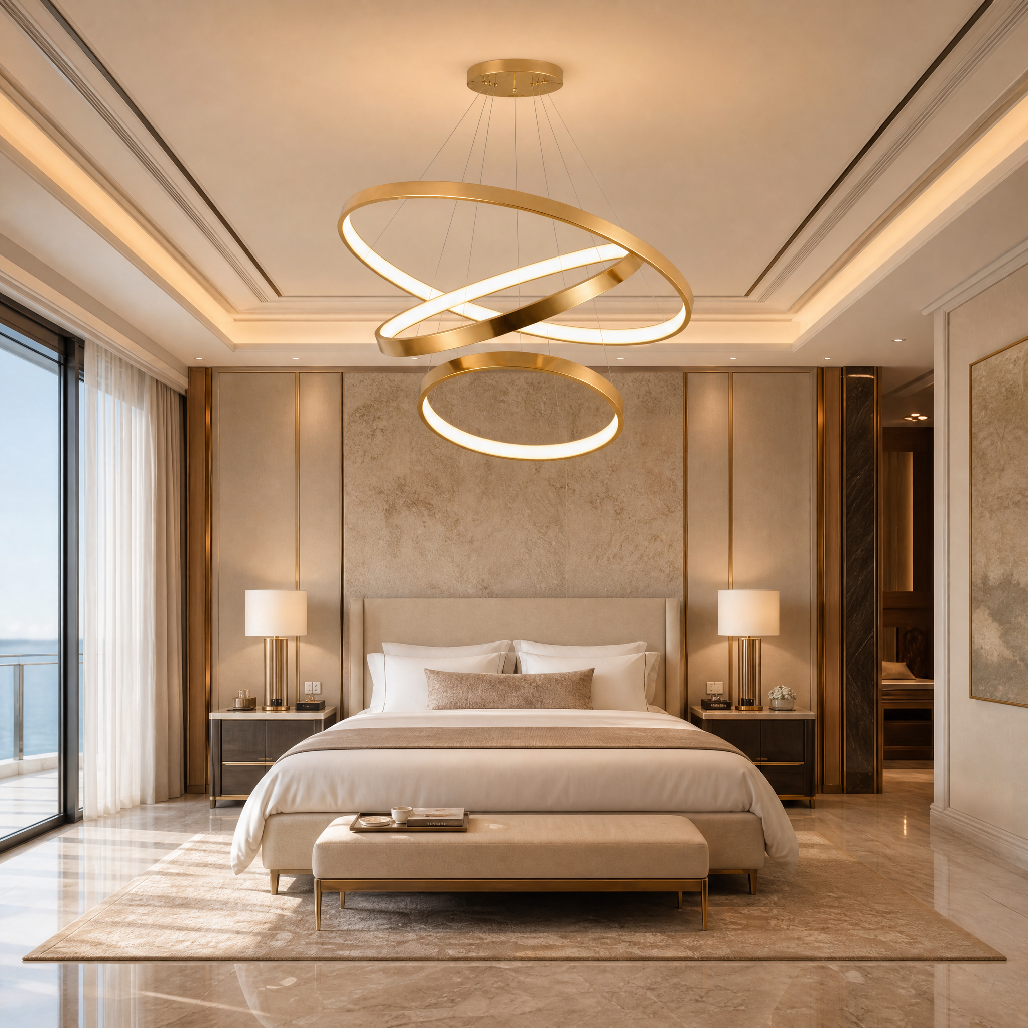 Sleek VORELLI Veneto contemporary circular LED hanging light fixture in a luxury hotel lobby hospitality setting.
