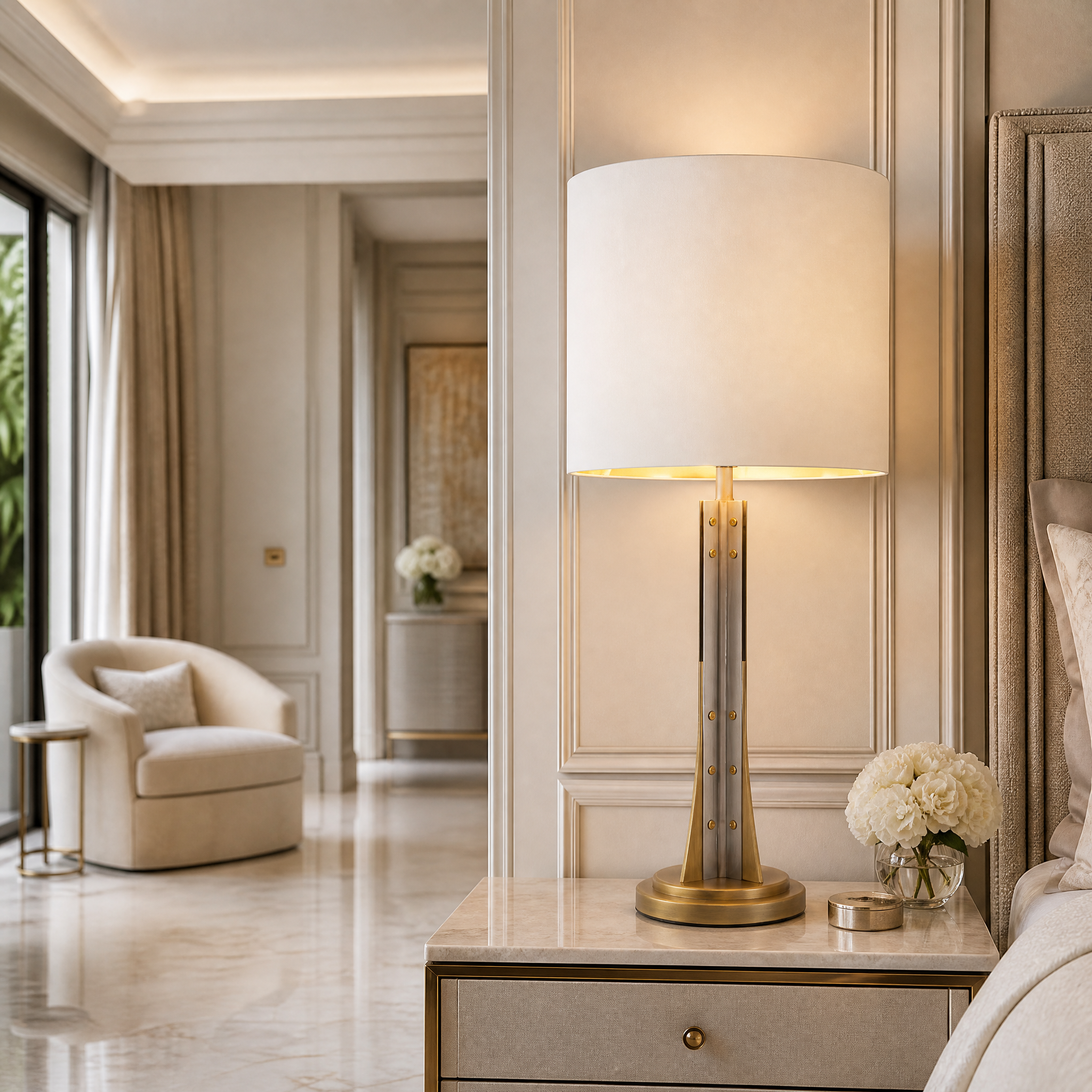 A Vensaro brass and gunmetal table lamp placed on a side table in a modern residential living room