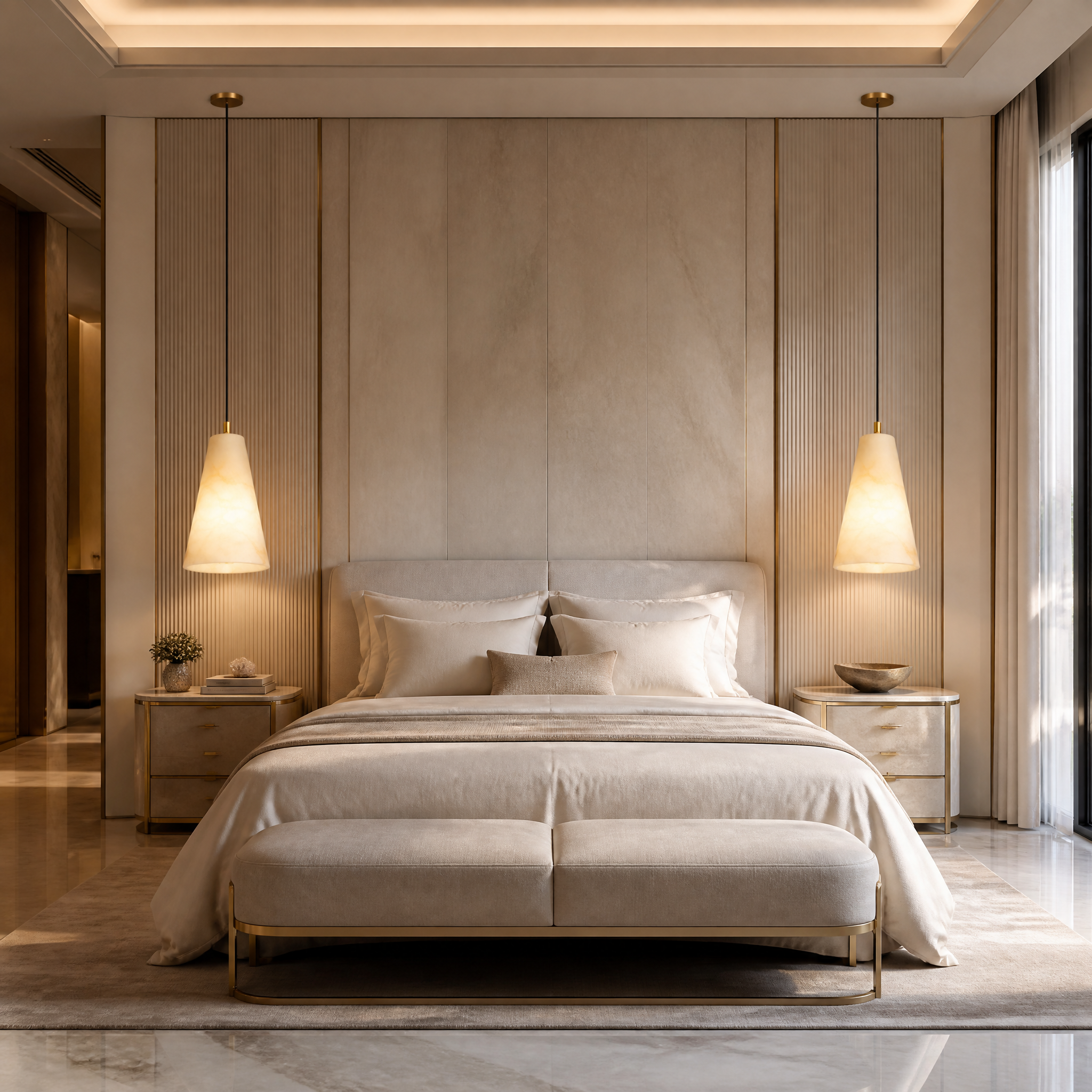 VORELLI Venti Marble Pendant Light II casting a warm ambient glow over a modern residential dining space with quiet luxury decor.