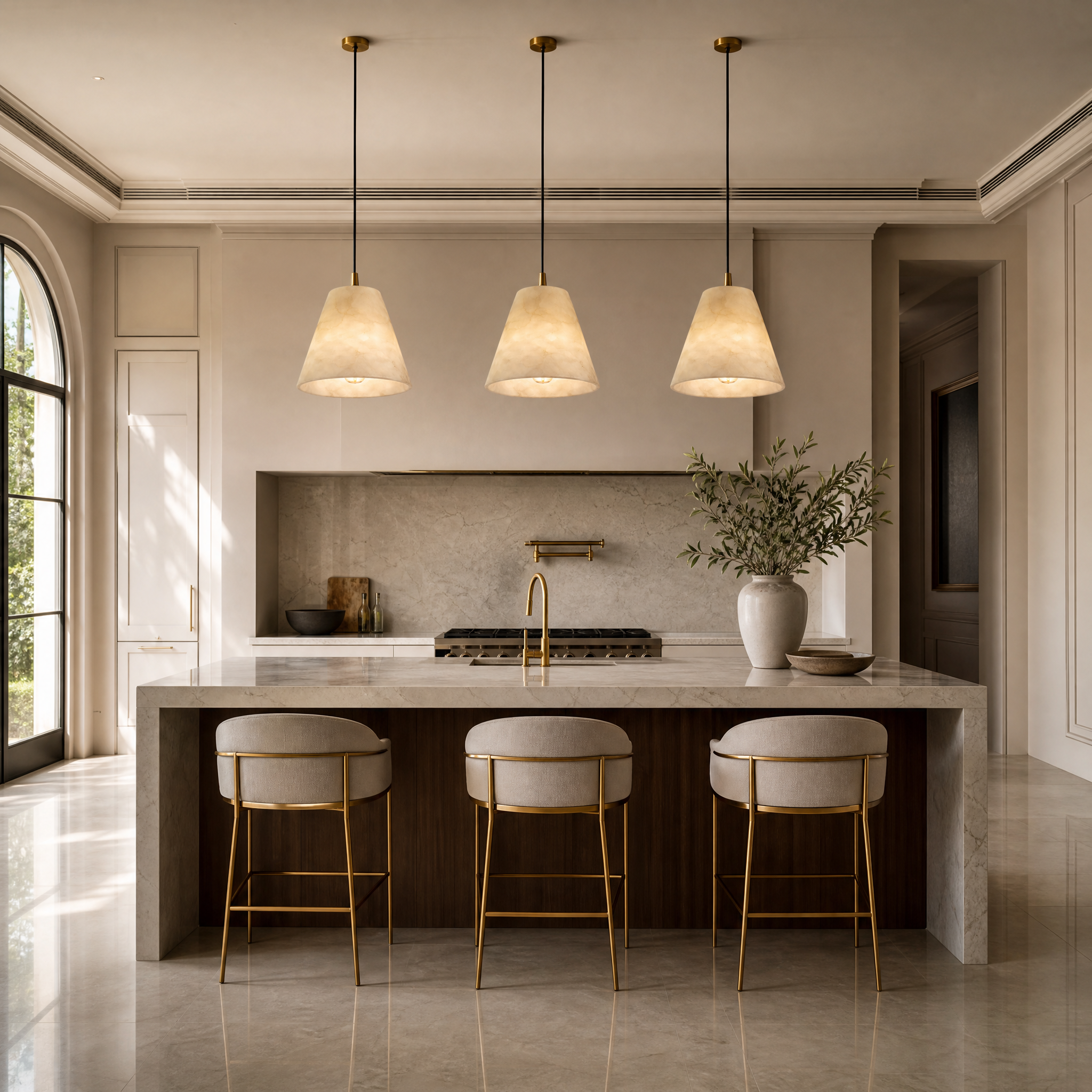 VORELLI Venti marble pendant light illuminating a luxury modern residential dining room table with a warm ambient glow.