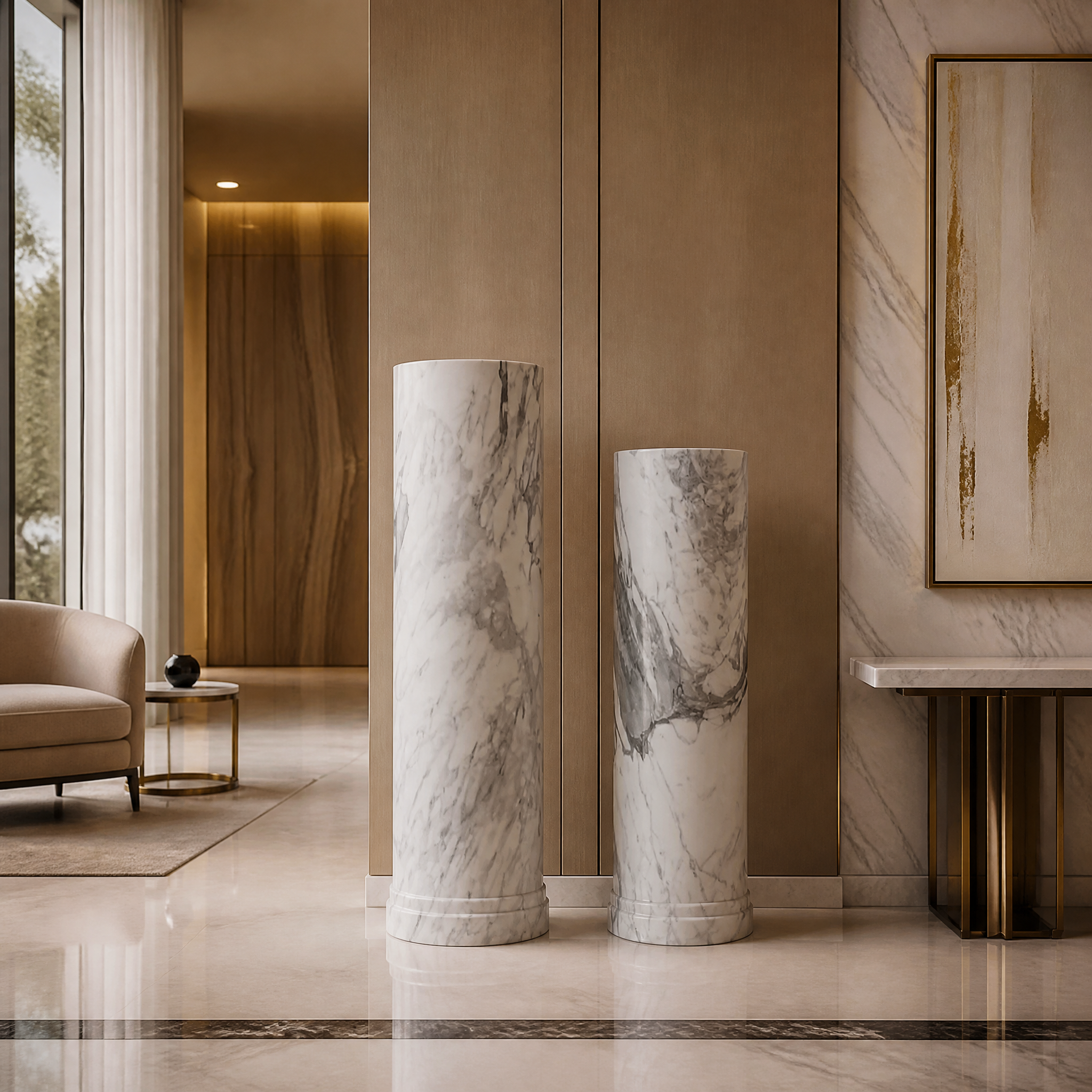 Verano Marble Column Arabescato Decor by VORELLI specified for a refined hospitality or lobby interior.