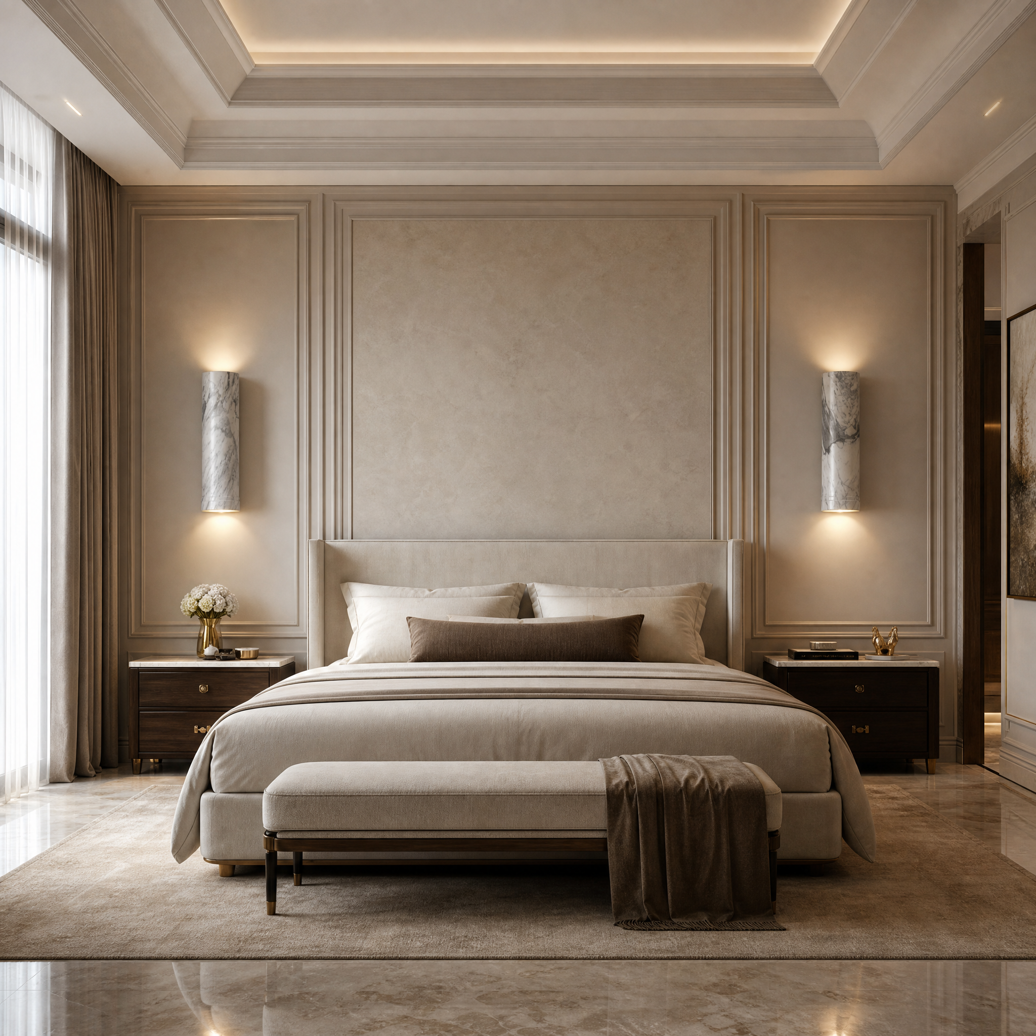 Elegant Verano Arabescato marble column styled in a modern living room setting.