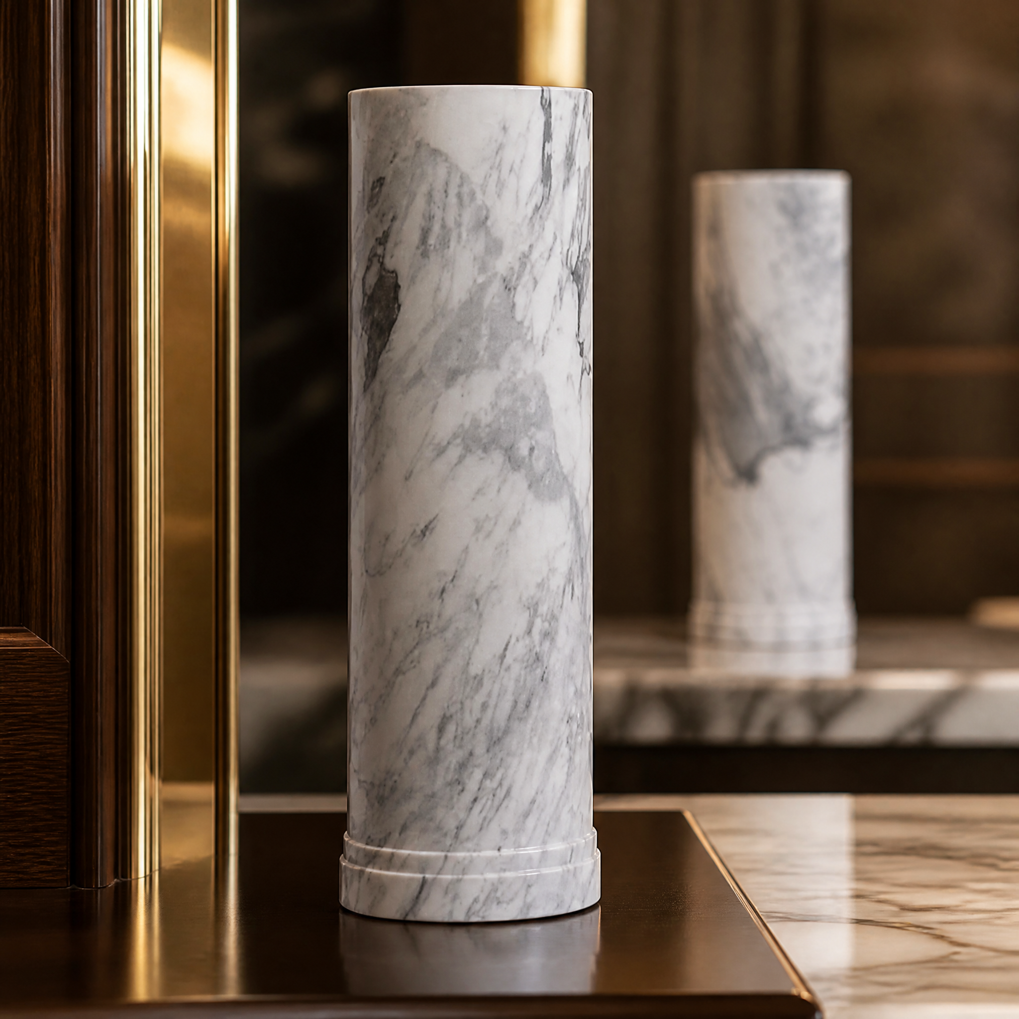 Detailed macro view of the intricate grey and white Arabescato marble veining.