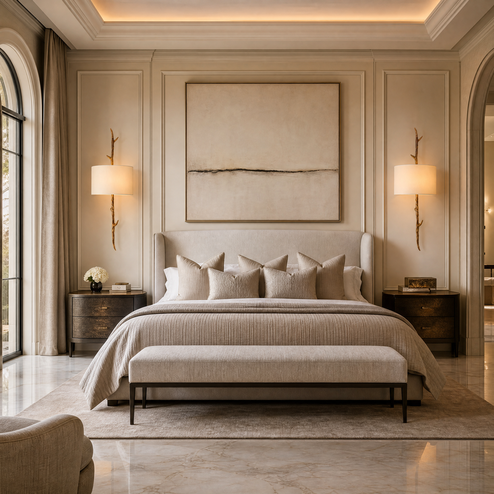 The Verda Wall Light by Vorelli installed in an elegant, luxury residential living room, showcasing its sculptural branch frame and soft fabric shade radiating a warm ambient glow.