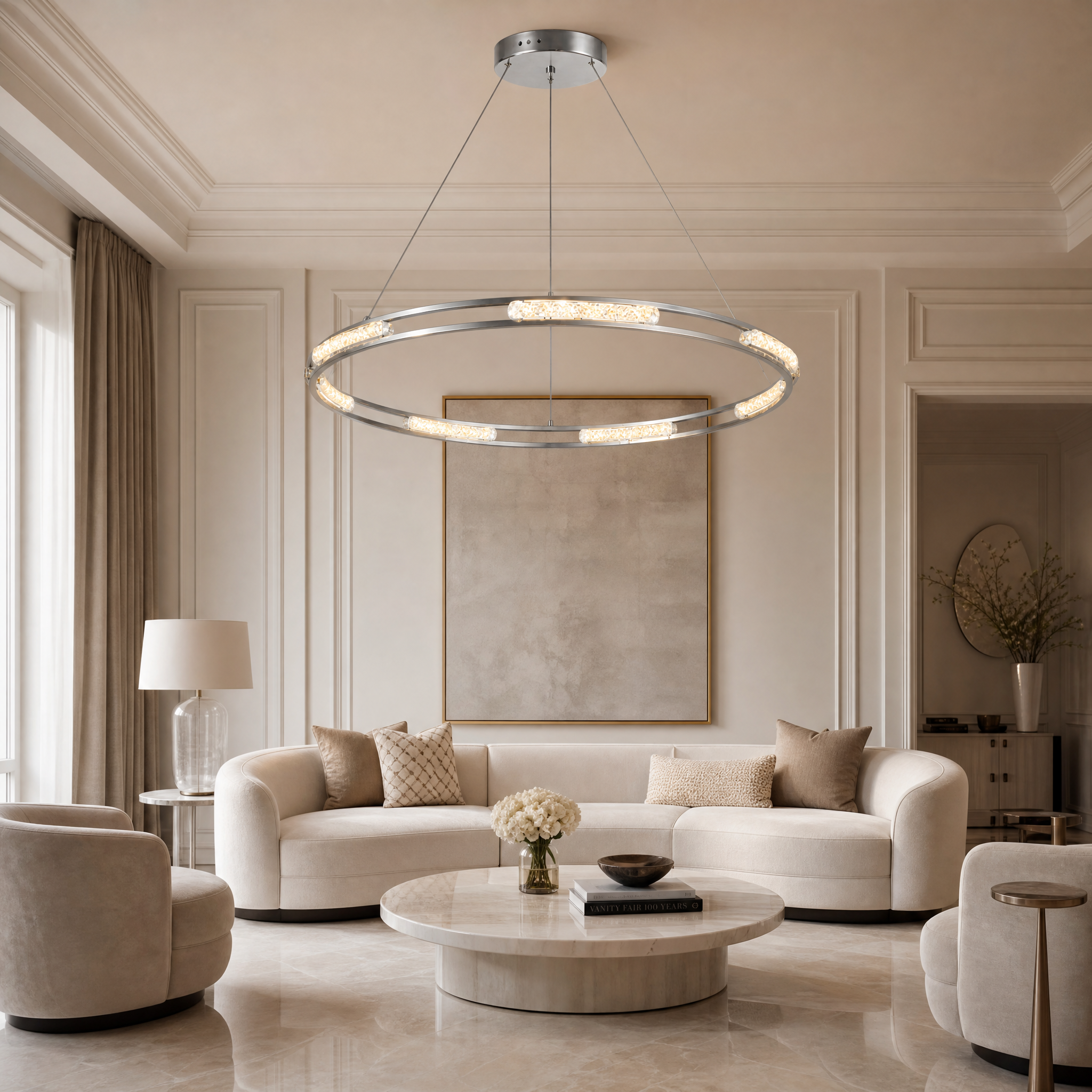 VORELLI Vermacelli Ring Circular Chandelier illuminating a contemporary residential living room with a sleek stainless steel frame and radiant diamond-cut crystals.