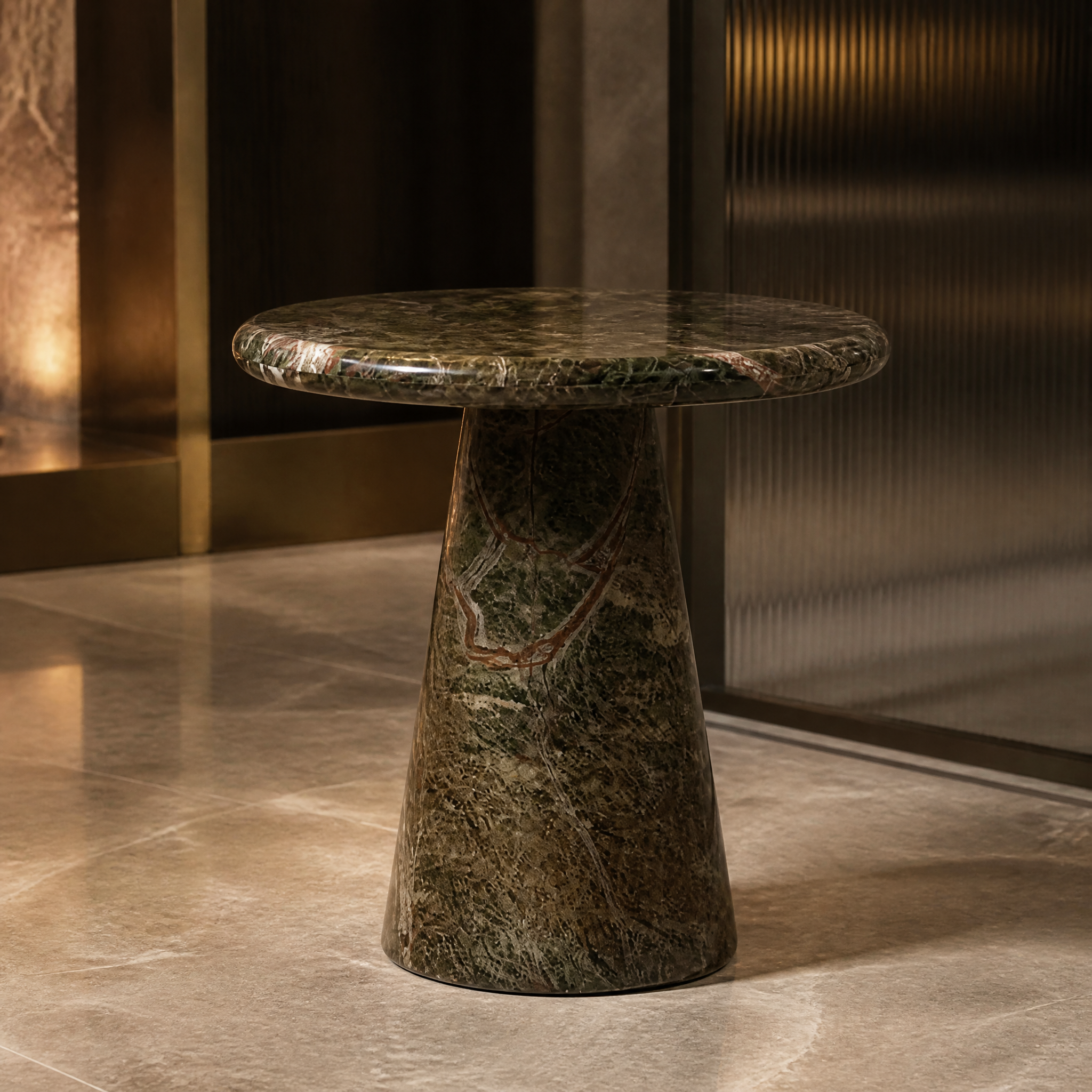 Detailed closeup shot showing the unique natural veining and smooth honed finish of the VORELLI Veronese forest green marble side table.