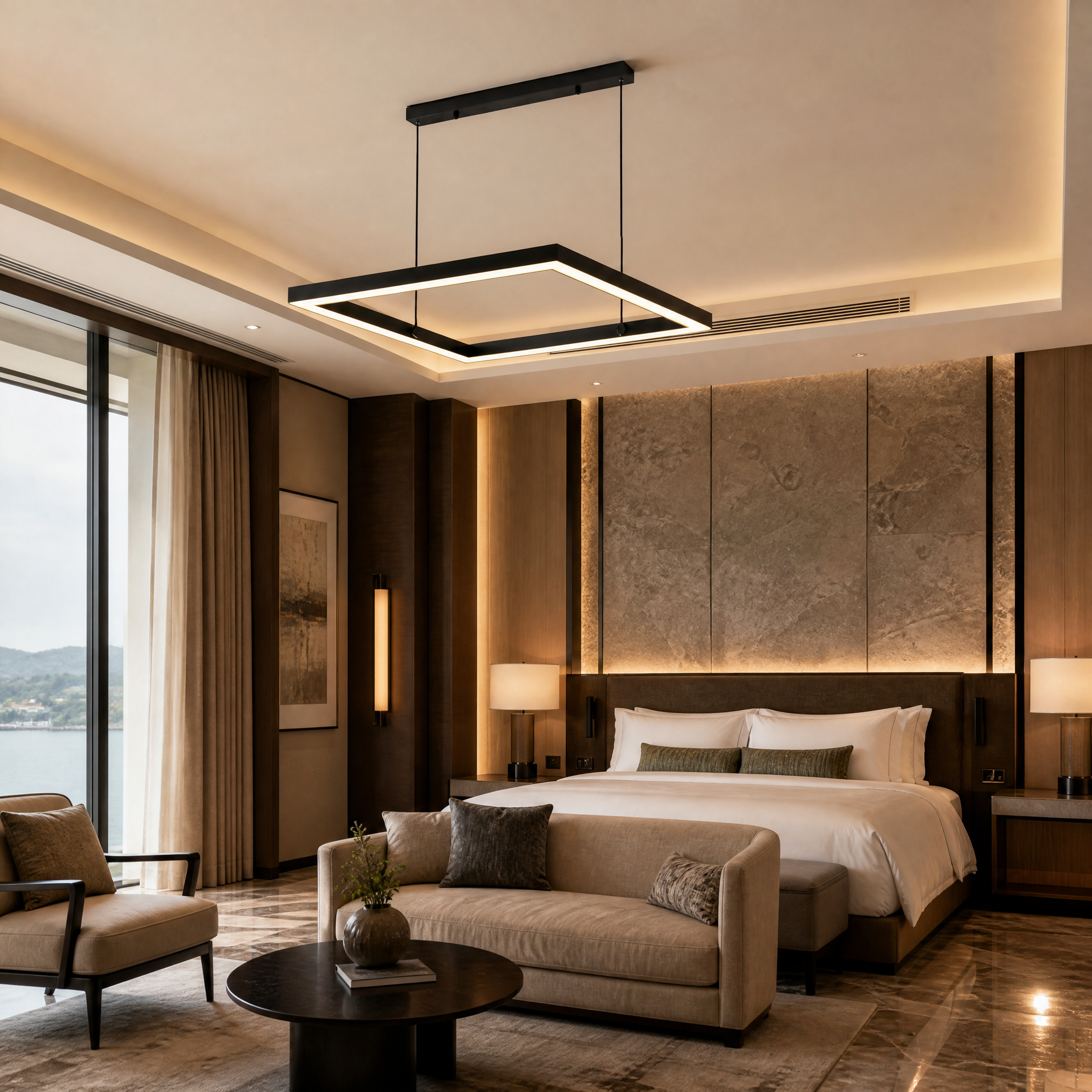 An elegant hospitality setting featuring the modern VORELLI Verzanno Circular LED Chandelier, casting a sophisticated glow in a luxury hotel lobby.