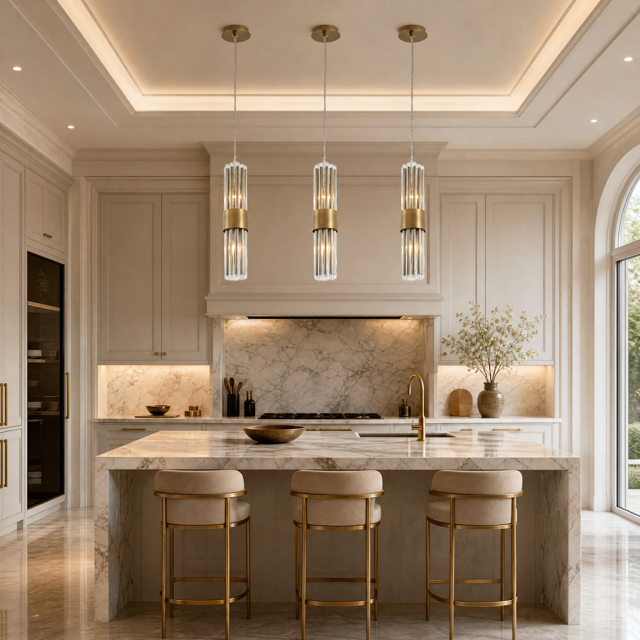 VORELLI Victoria antique brass pendant light with vertical crystal tubing illuminating a luxury residential living room.
