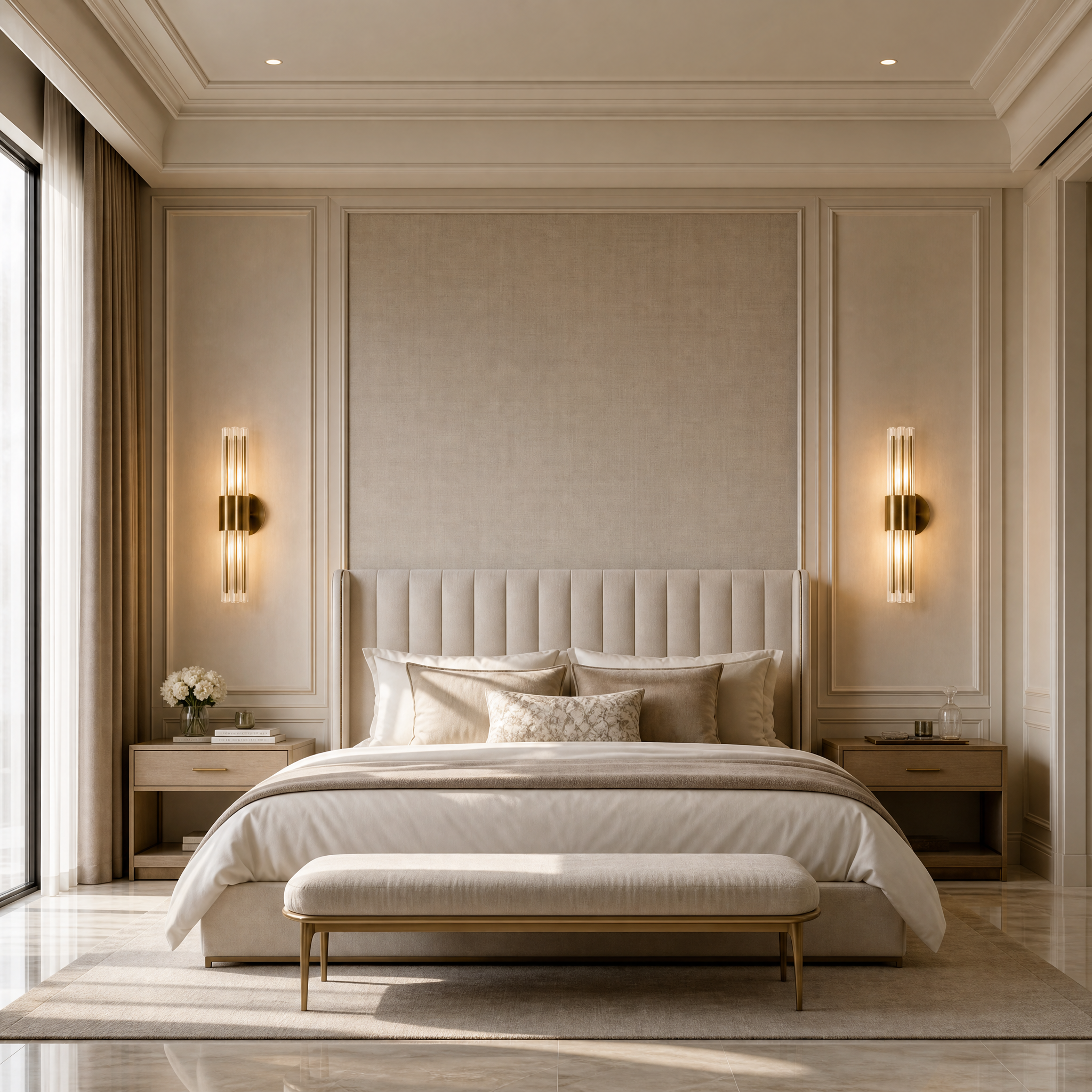 The Victoria Wall Light by VORELLI installed in a modern residential living room, casting a soft and warm glow through its elegant vertical glass tubes.