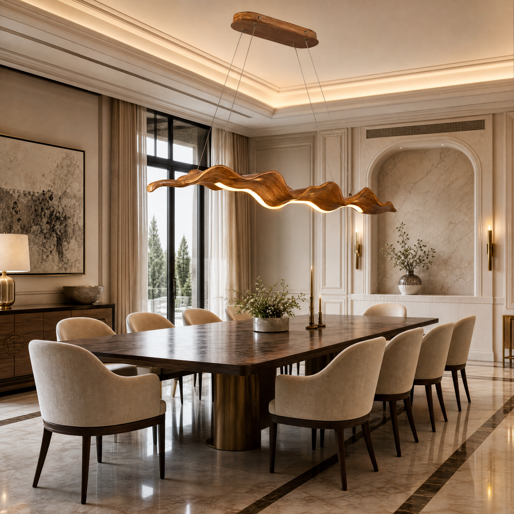 VORELLI Della-Vita rectangular luxury crystal chandelier illuminating a modern, high-end residential dining table setting.