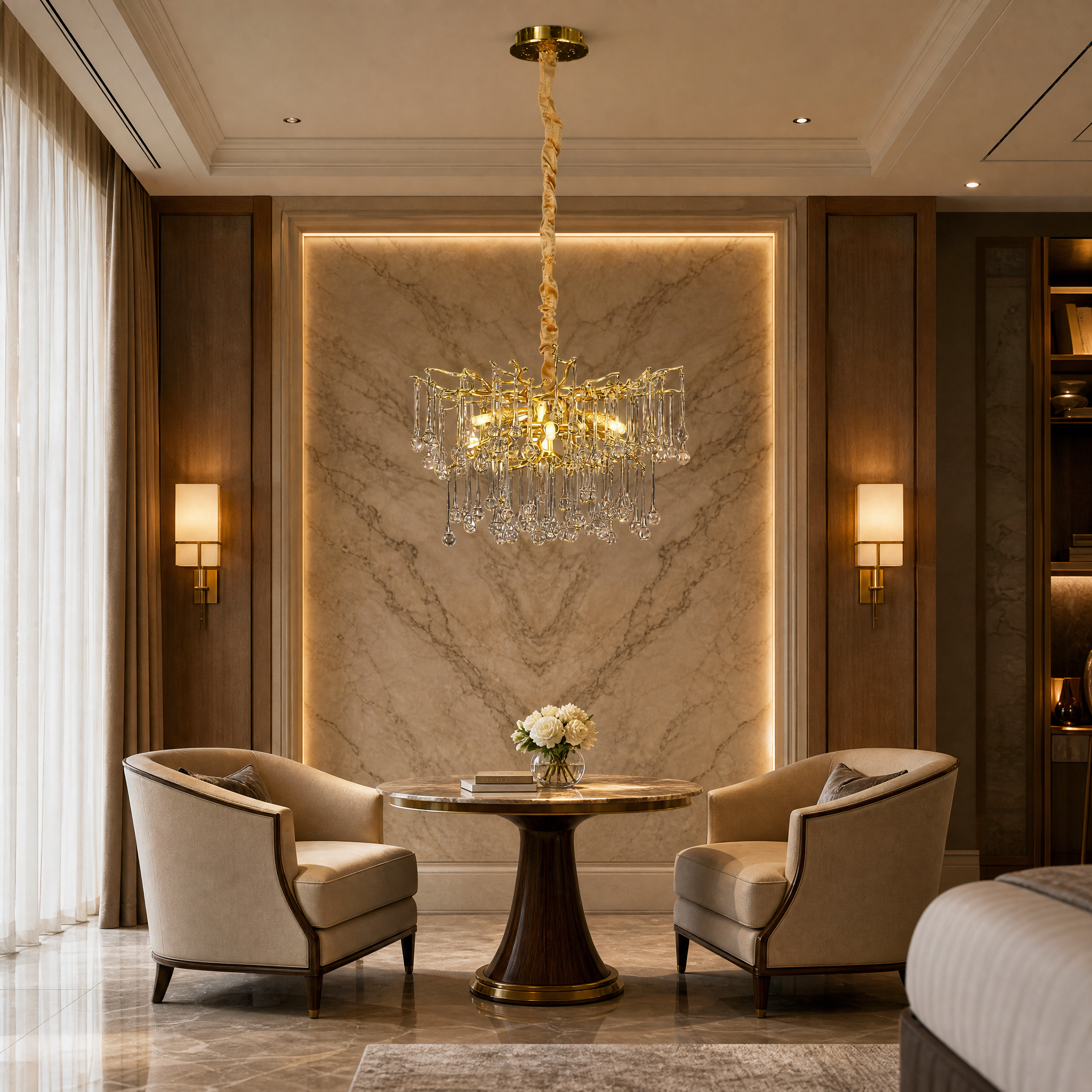 An upscale hotel hospitality lounge featuring the VORELLI L’Albero d’Oro Pendant Light II suspended from a high statement ceiling, casting a soft atmospheric glow.