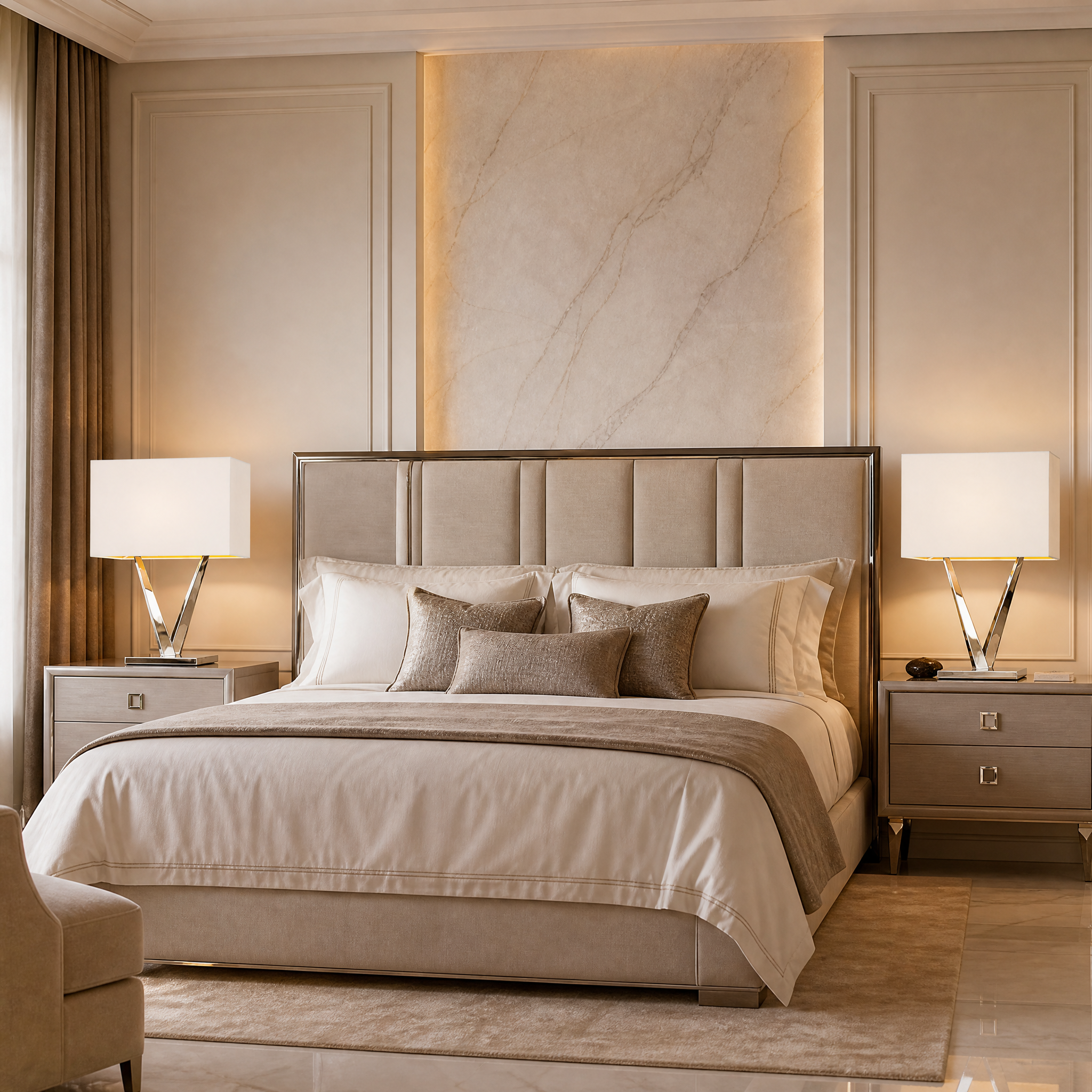 Virello nickel table lamp styled on a sleek console table in a contemporary living room