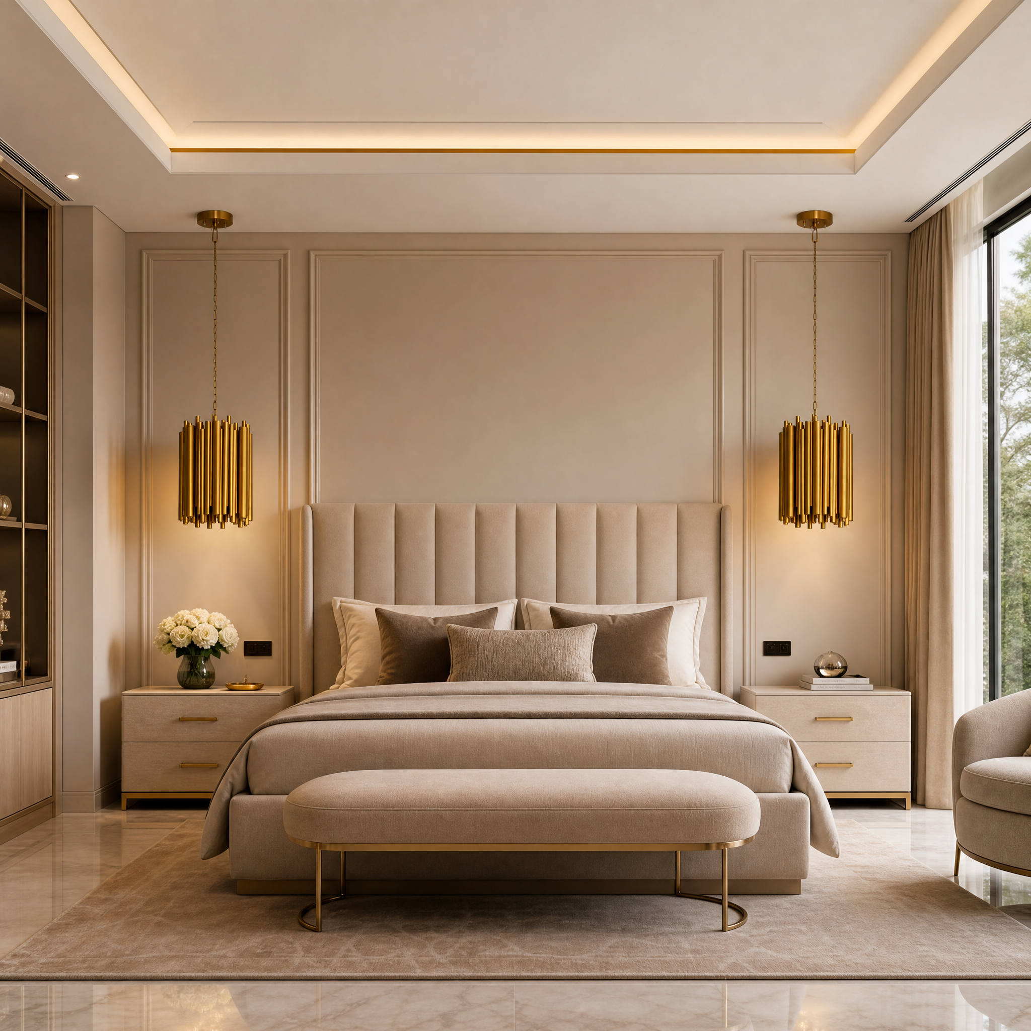 Modern Vitacura pendant light with brushed copper finish installed in a high-end residential dining space.