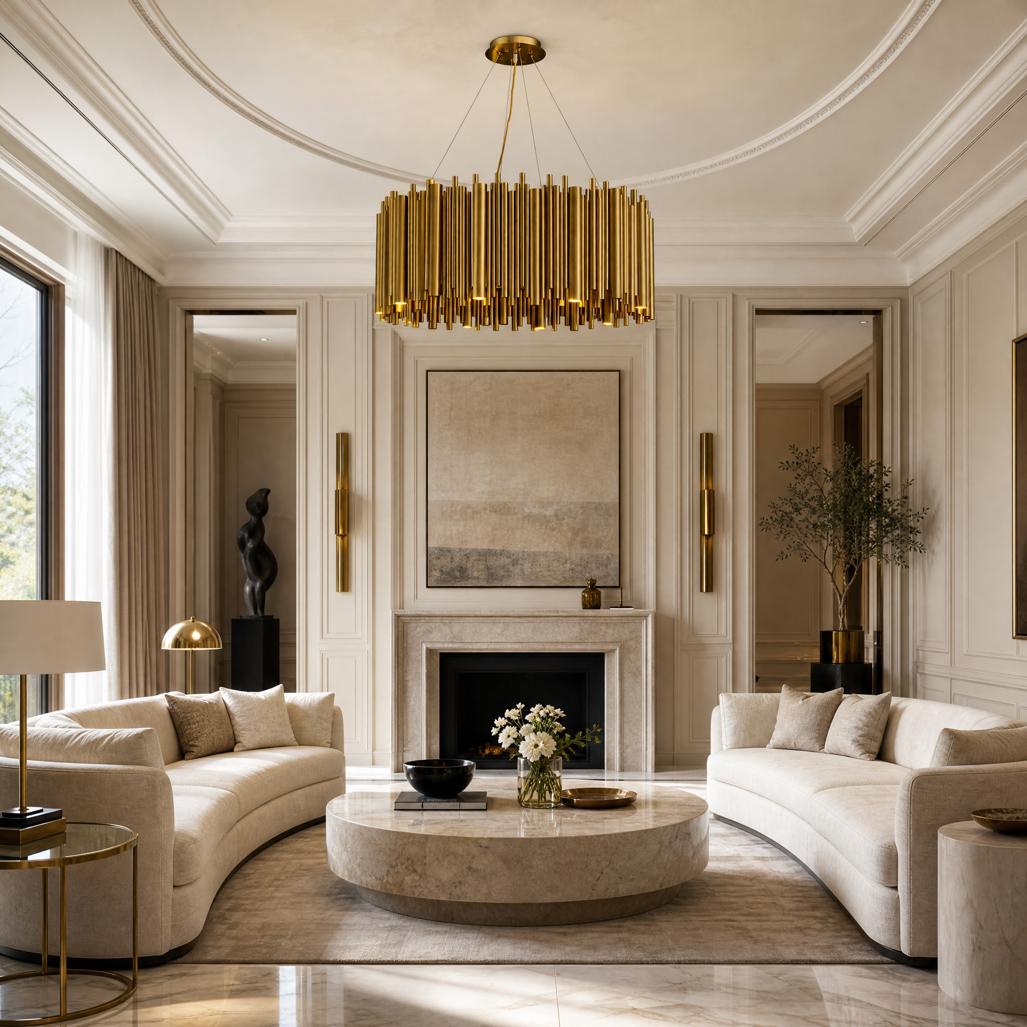 VORELLI Vitacura circular chandelier in brushed copper installed in a luxury modern residential living room.