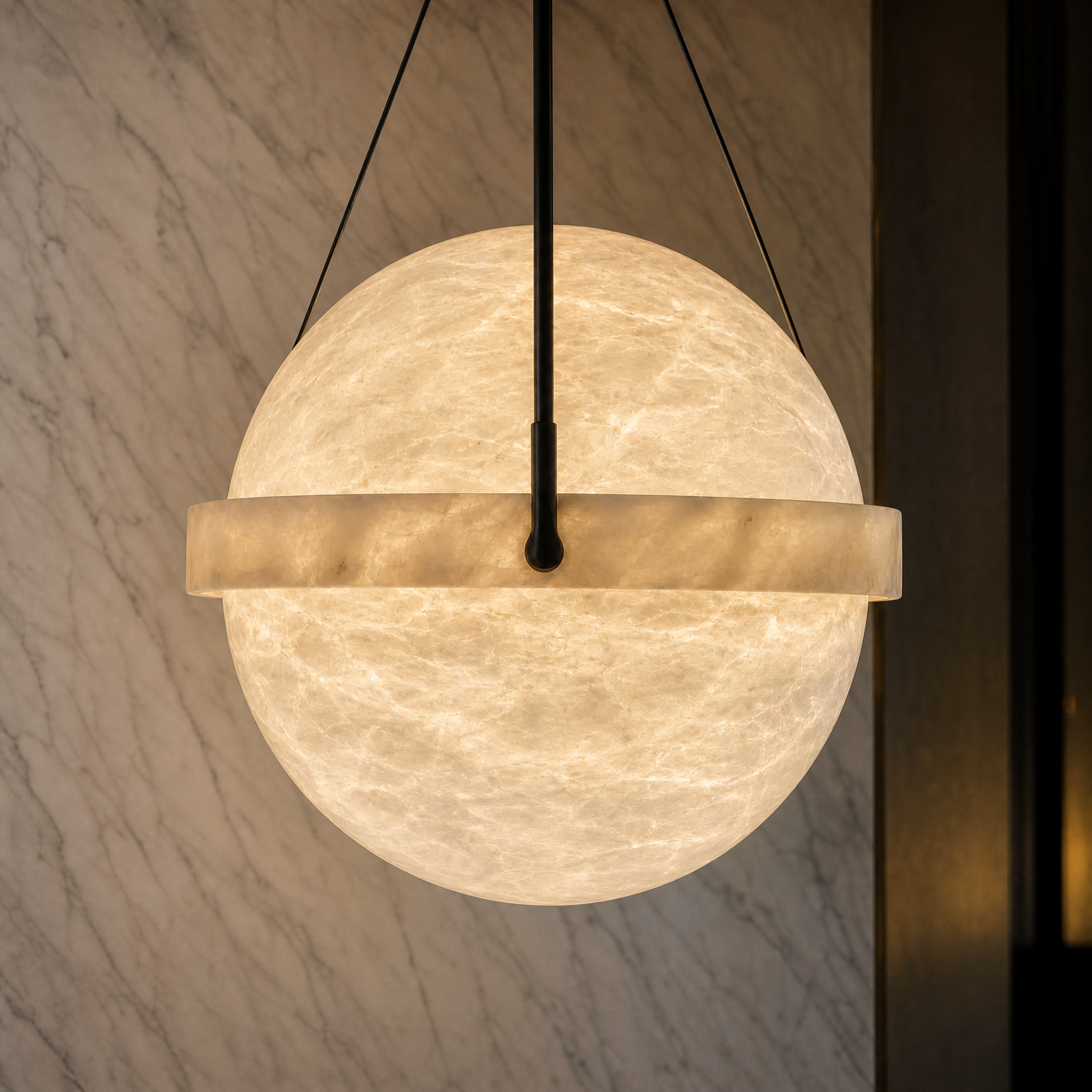 Close up detail of the smooth marble sphere and metallic band of the Volana pendant light
