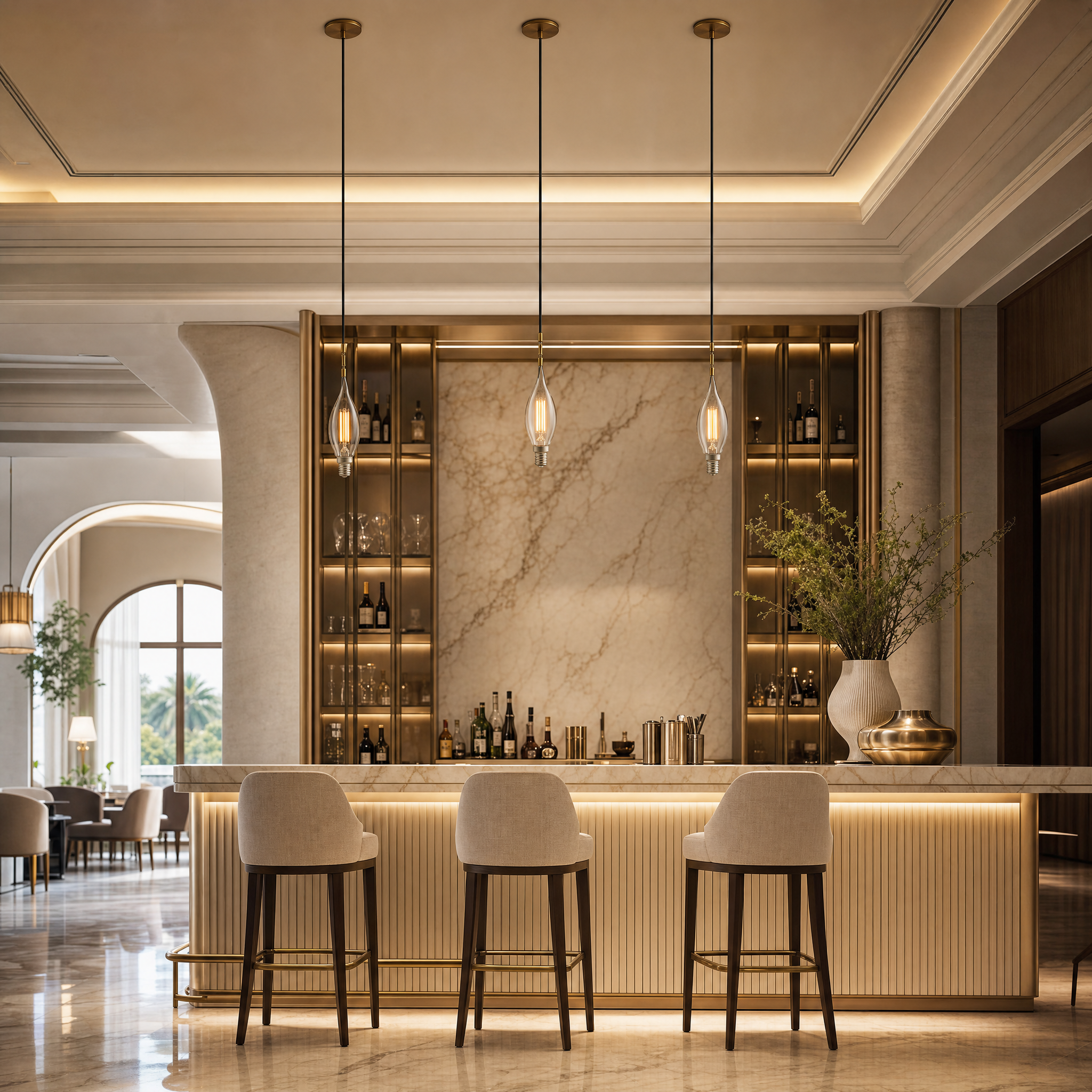 Elegant hospitality setting featuring a modern dining space softly illuminated by VORELLI 5W warm white E14 filament candle lamps.