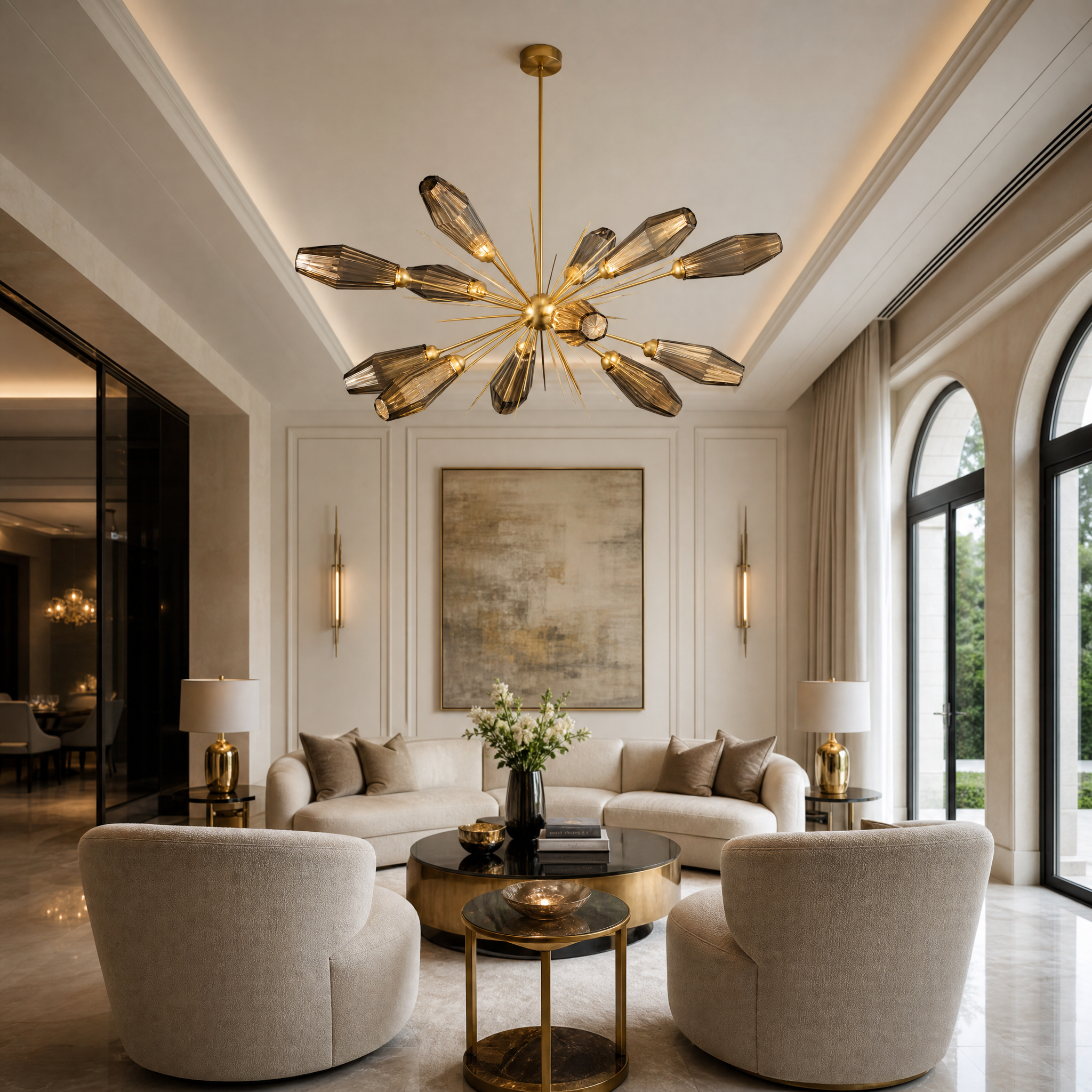 VORELLI Abdera modern pendant light illuminating an elegant high-end residential living space with a warm, sophisticated glow.