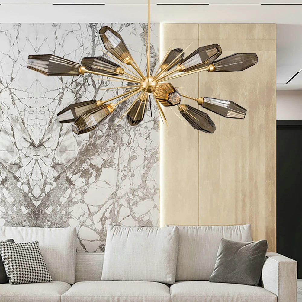 VORELLI® Abdera Pendant displayed above a marble and wood wall in a luxury living room setting