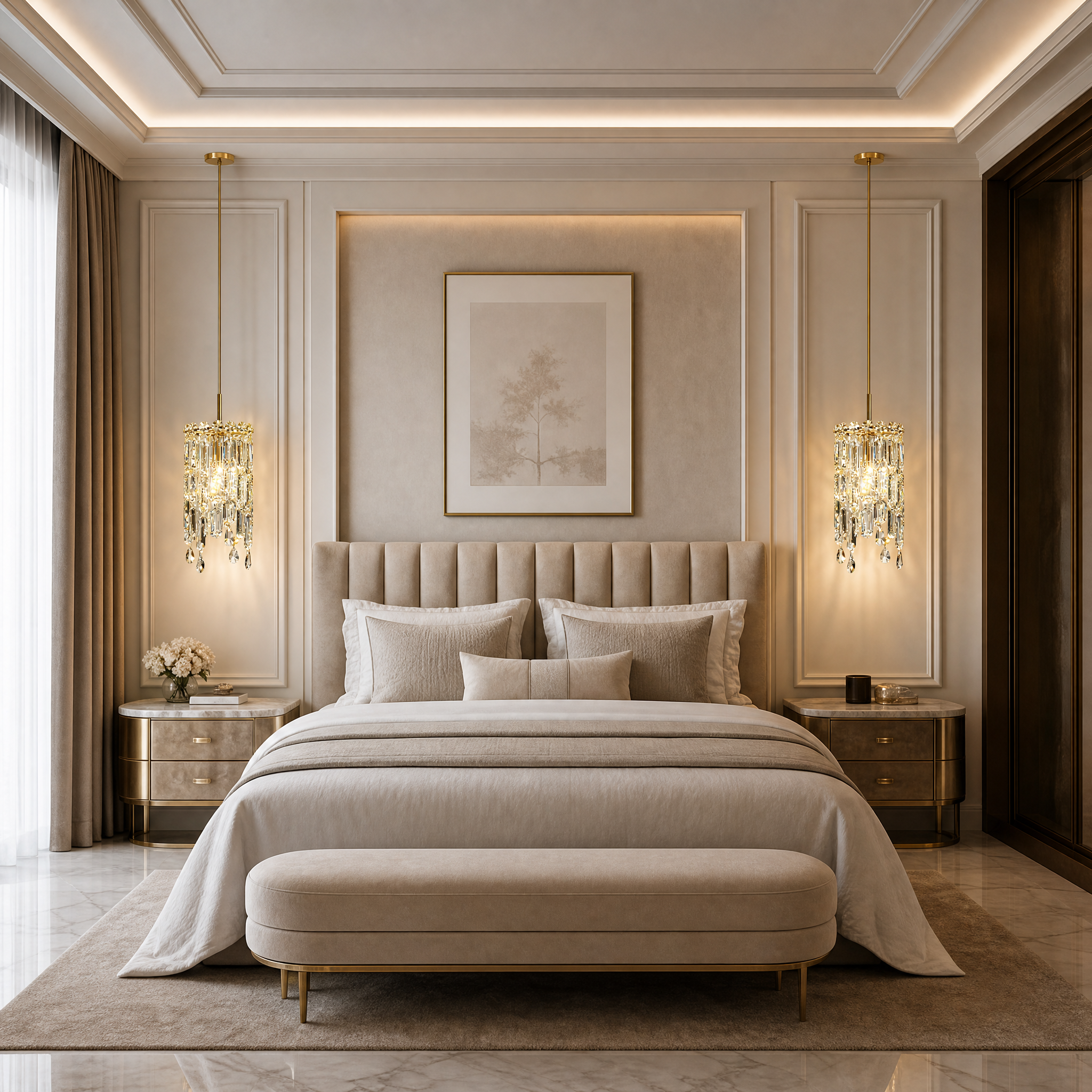The VORELLI Abruzzi crystal pendant light casting a warm, cascading glow over a sophisticated residential living room setting.