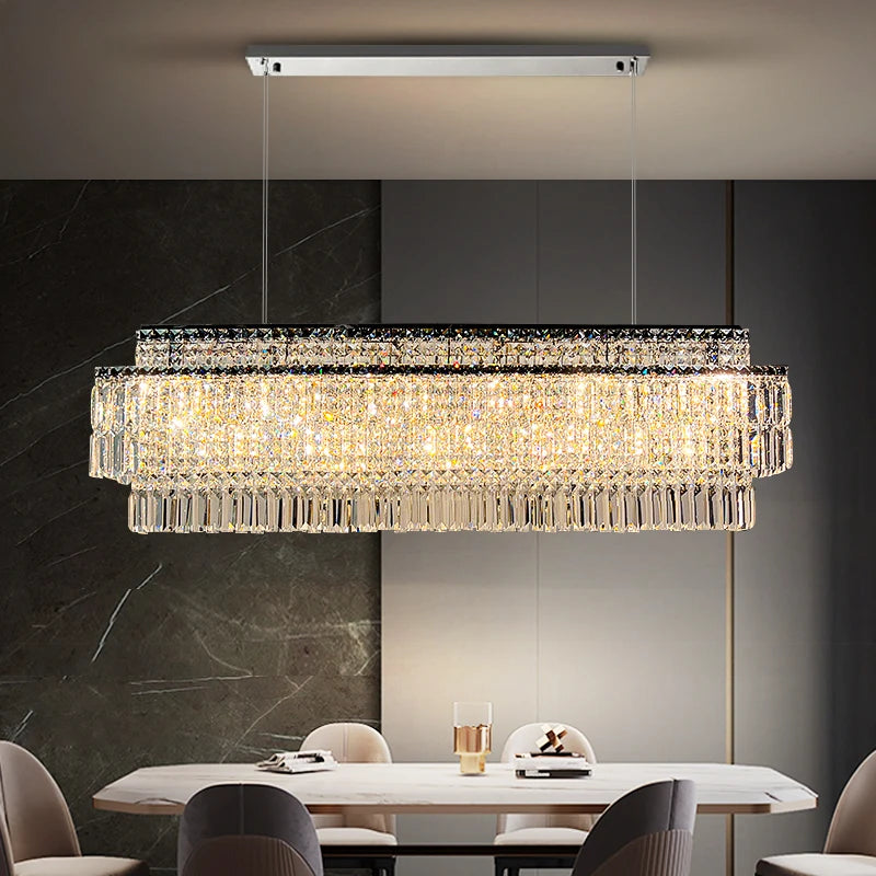 VORELLI® Abruzzi Rectangular Chandelier above a round dining table in a contemporary interior