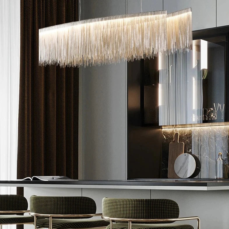 VORELLI® Adlington Arc Rectangular Chandelier with cascading chain detail in a modern interior