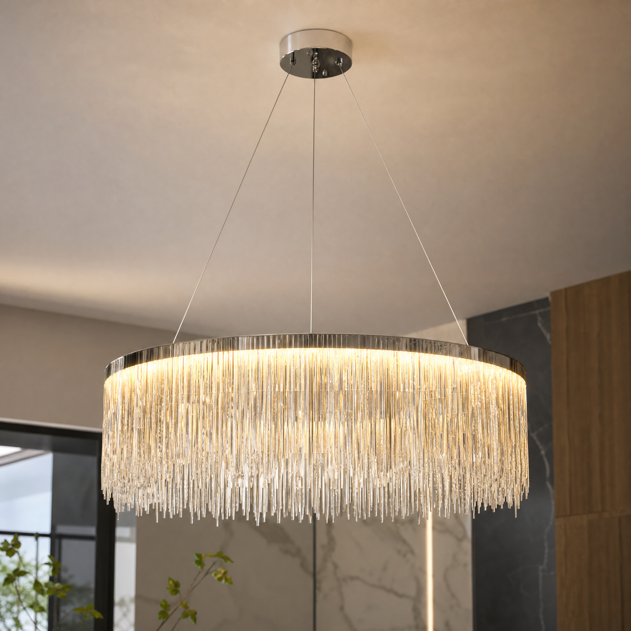 Macro view of the unique contemporary chain design and premium finish on the VORELLI Adlington Circular Chandelier.