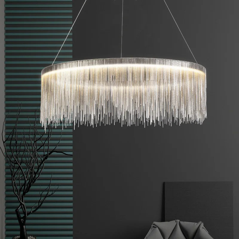 VORELLI® Adlington Circular Chandelier with cascading chains in a dark modern interior