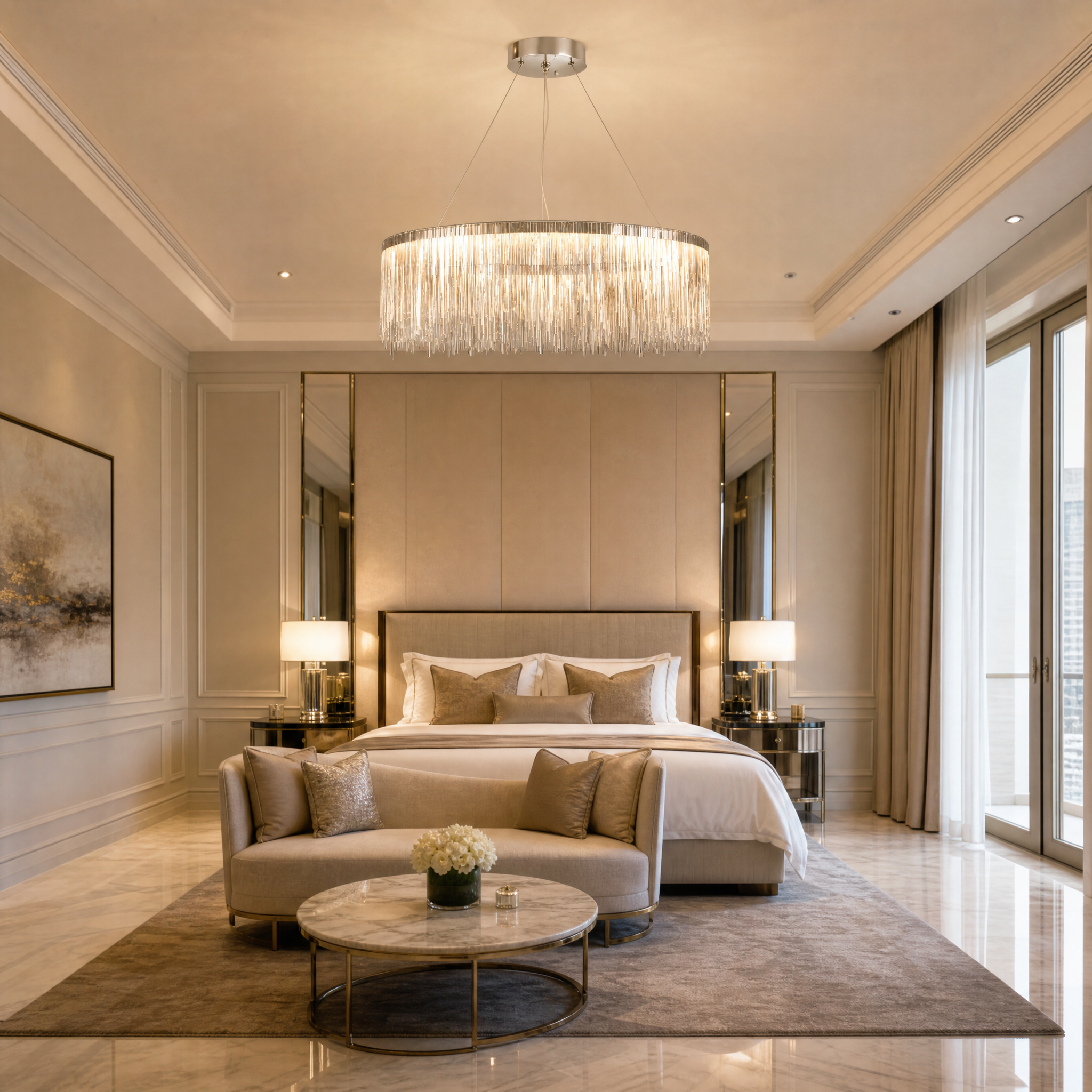 Luxury hospitality lobby featuring the elegant VORELLI Adlington Circular Chandelier for a grand, modern aesthetic.