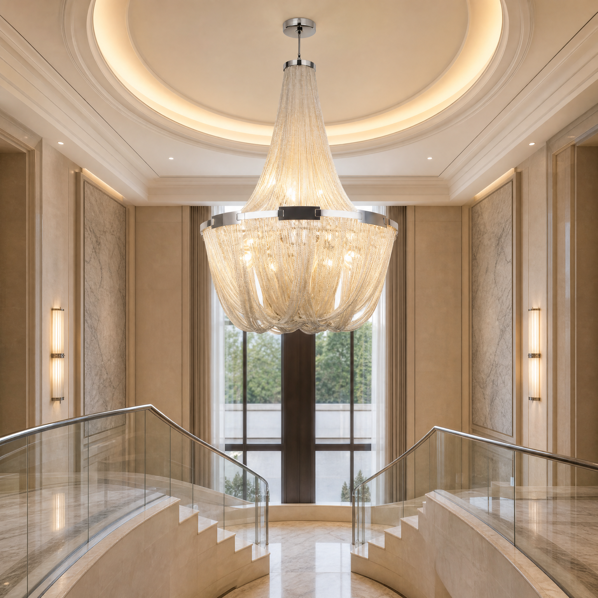 The sculptural Adlington Grandeur Chandelier by VORELLI hanging elegantly in a high-end hotel lobby, showcasing upscale hospitality interior design.