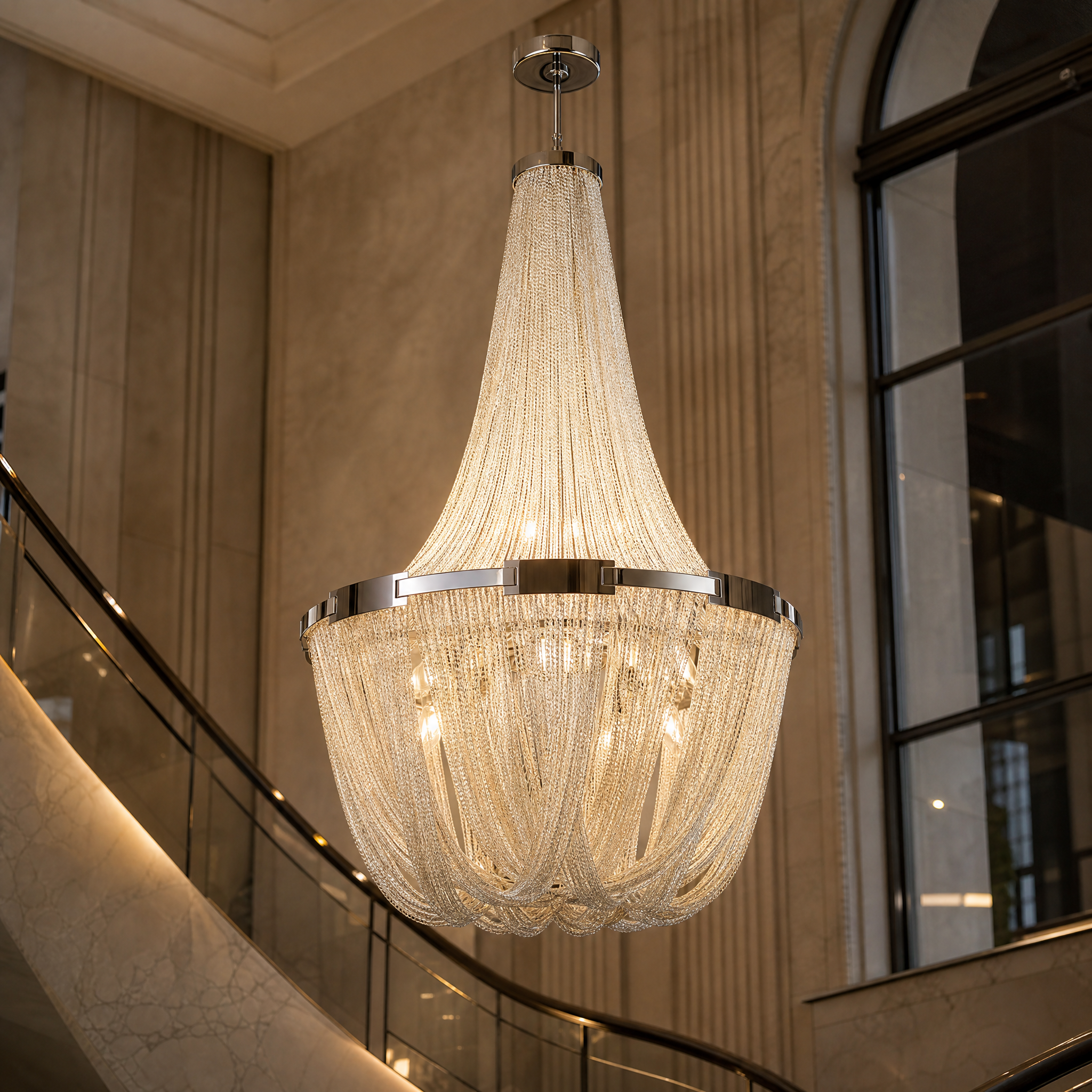 Macro closeup shot of the cascading metal chains and light reflection details of the VORELLI Adlington Grandeur Staircase Chandelier.